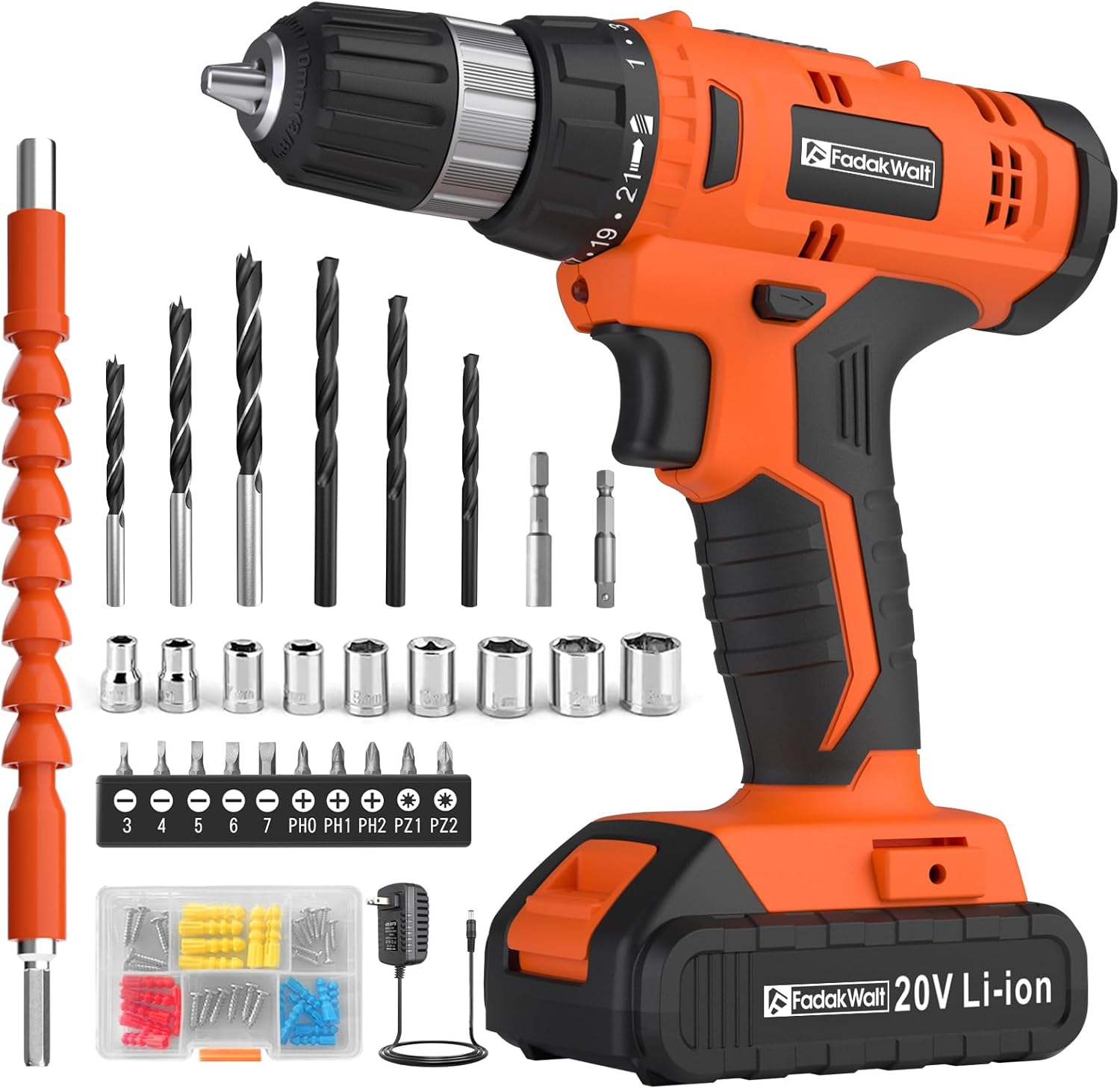 FADAKWALT 20V Cordless DrillSet ，Powerful Drill bit Sets,Torque 30N,21+1 Torque Setting,3/8” inch Keyless Chuck, 40pcs Drill Bits,Electric Drill with 2.0AH Li-Ion Battery and LED Light.