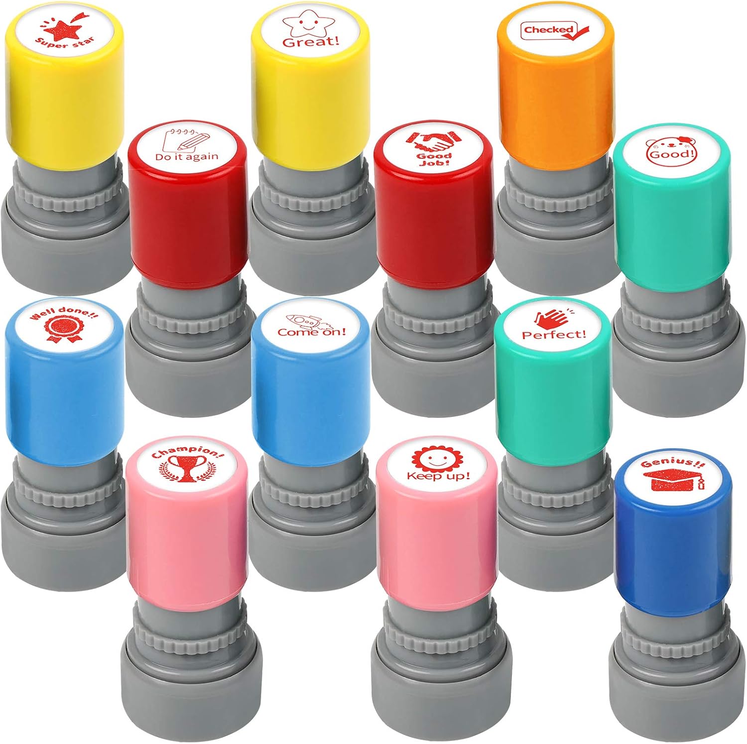 VGOODALL, 12Pcs Colorful Self Inking Teacher Stamps, Rubber Stamp Set for School, Reward Stamp for Kids Education, Pre Ink Stamp for Review, Prizes, Birthday Party