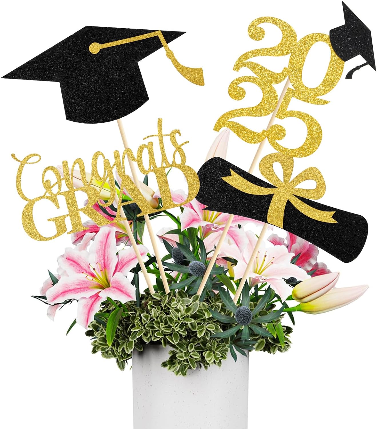 Graduation Decorations 2025, 16 PCS Black Gold Graduation Centerpieces for Tables, Double-Sided Table Toppers Centerpieces, Class of 2025 Grad Party Decorations 2025