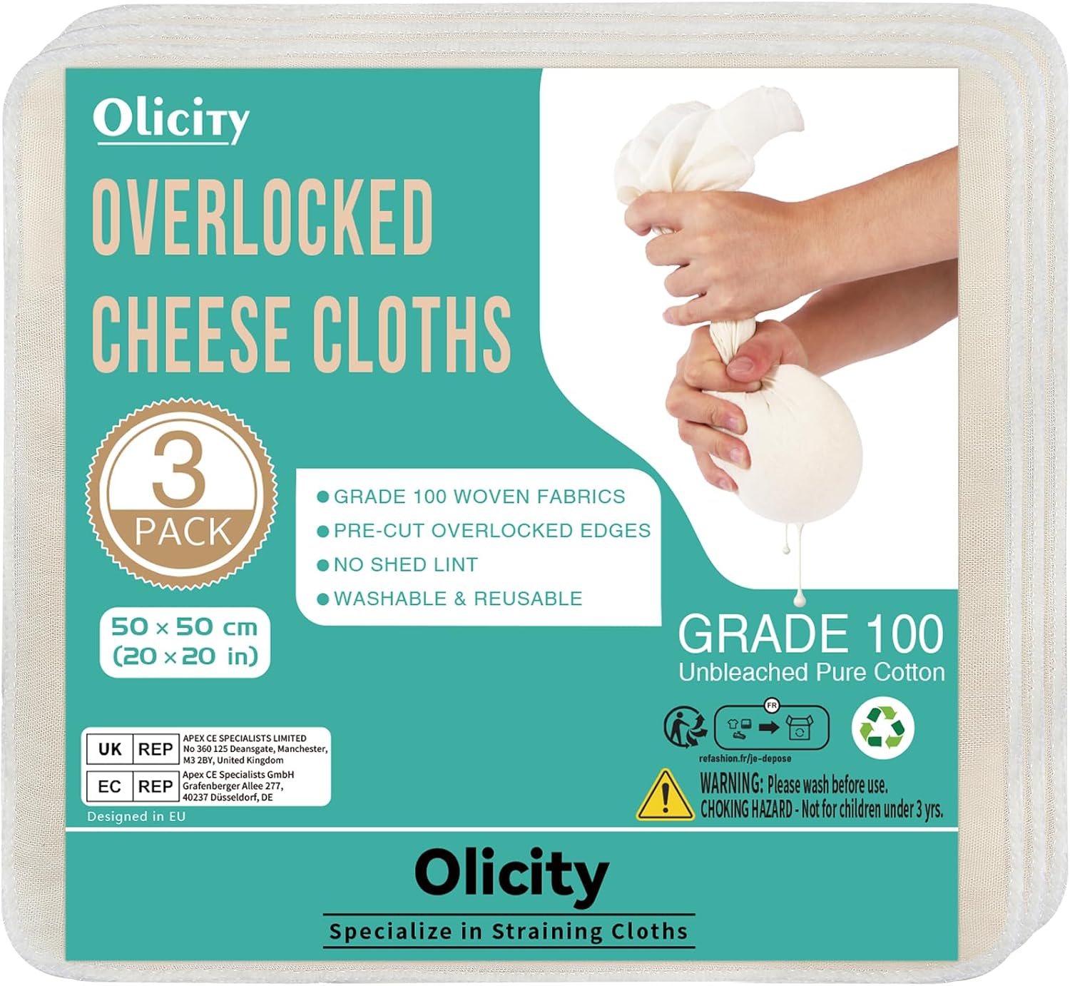 Olicity Cheese Cloths for Straining 50x50cm - 3Pack - Overlocked - Reusable