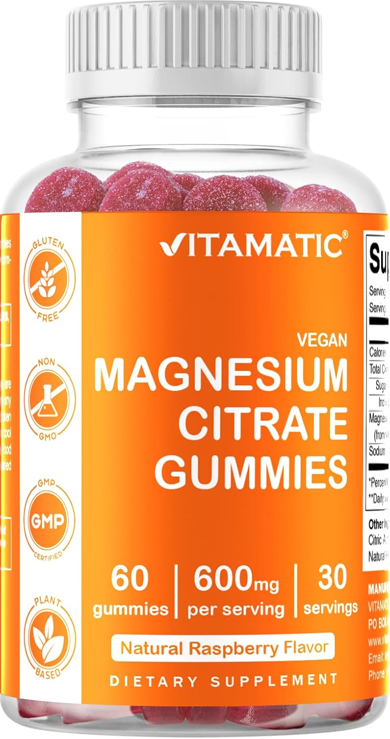 Vitamatic Magnesium Citrate Gummies 600mg per Serving - 60 Vegan Gummies - Promotes Healthy Relaxation, Muscle, Bone, & Energy Support (60 Gummies (Pack of 1))