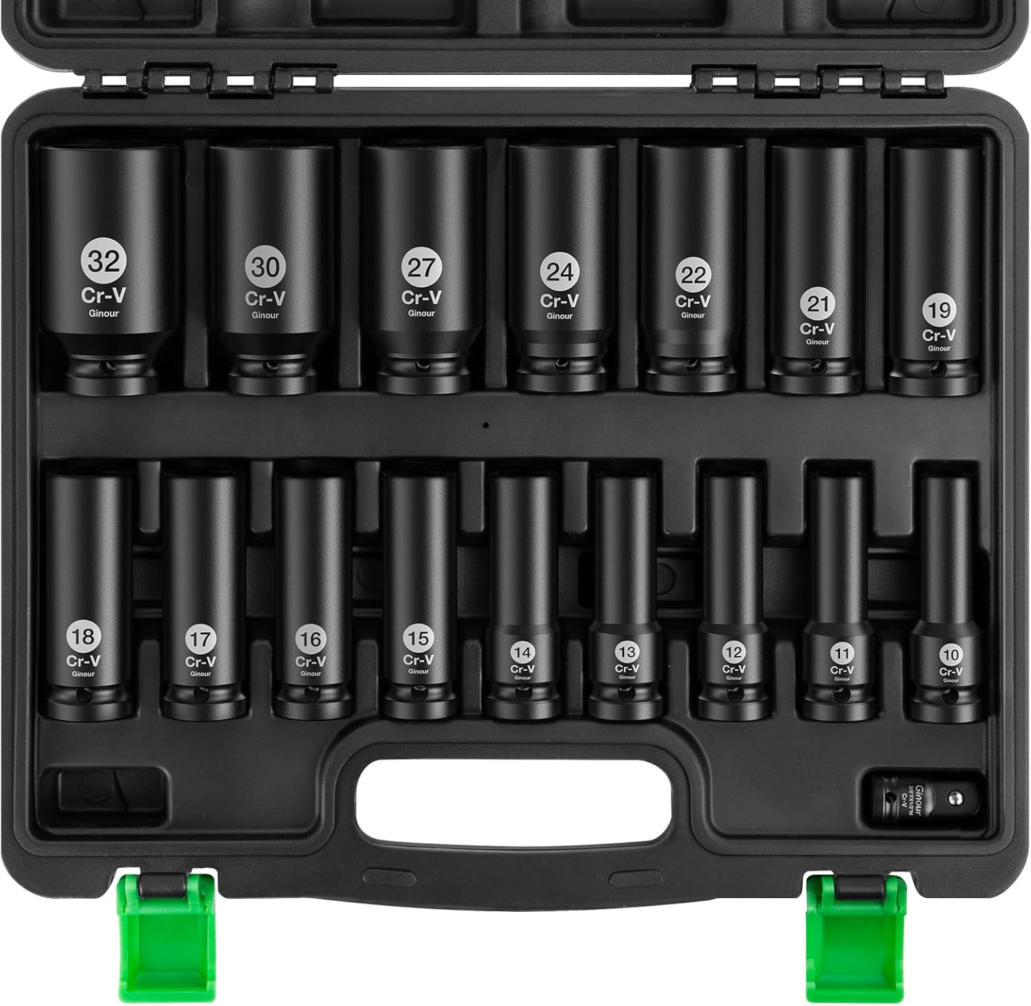 Ginour Impact Socket Set 1/2 Inch, 17PCs Drive Master Deep Impact Socket Set 10mm - 32mm, Metric, CR-V, 6 Point, with 3/8'' to 1/2'' Socket Adapter