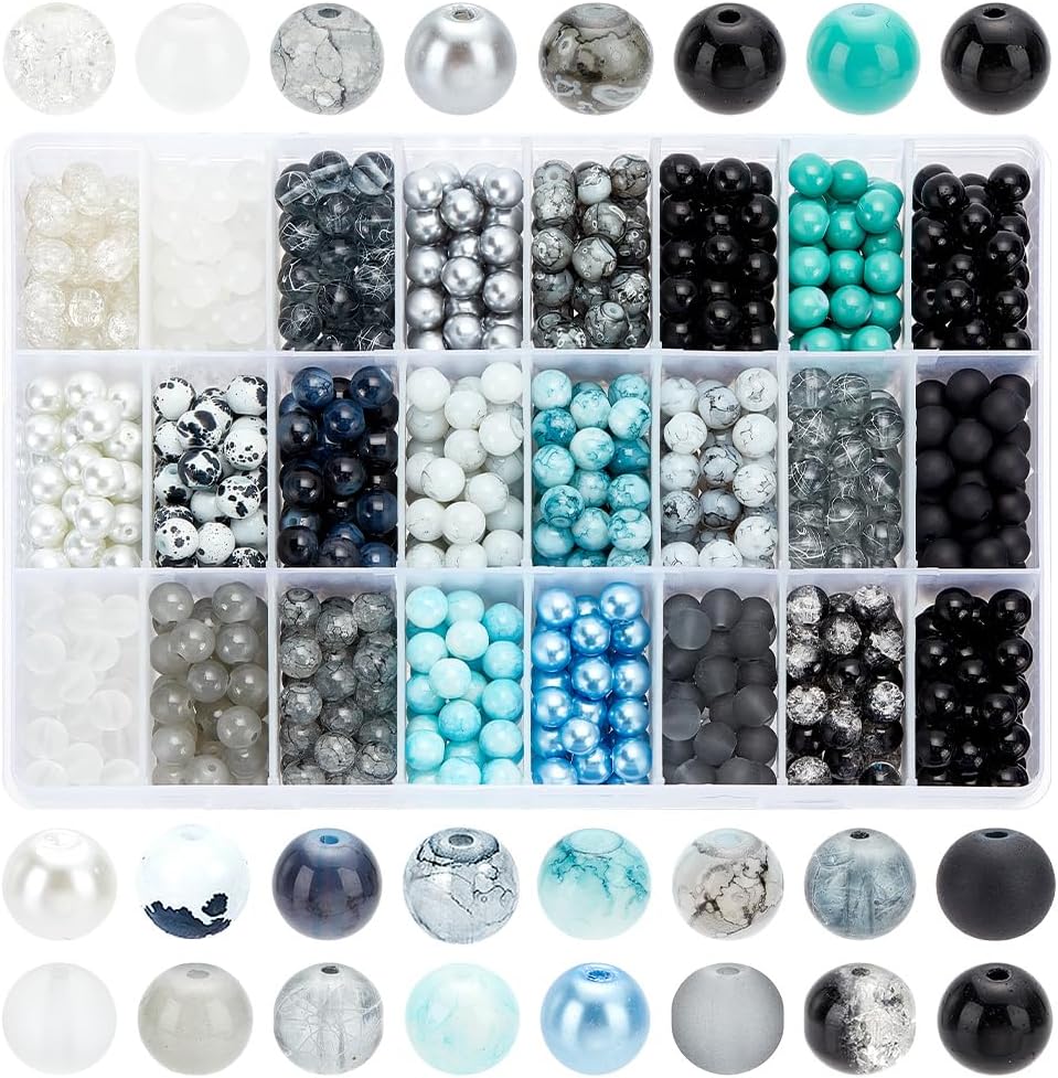 PH PandaHall 1080pcs 8mm Glass Beads 24 Color Black Bracelet Beads Rosary Beads Round Marble Loose Beads Crystal Spacers for Bracelet Earring Necklace Jewelry Making DIY Craft Christmas Thanksgiving