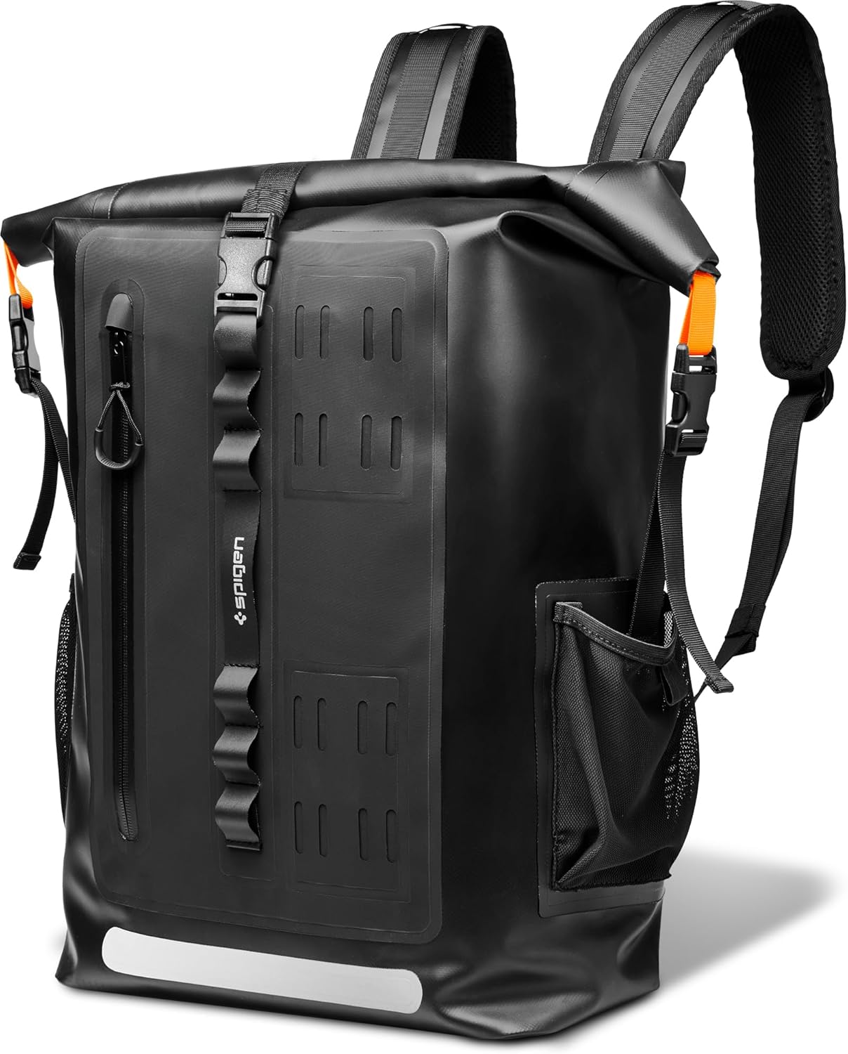 Spigen Waterproof Backpack IPX6 35L Roll Top Travel Rucksack Fits up to 16 Inch Laptop, Multi-Compartment Bag Ventilated Back, Chest & Waist Strap Hiking, Camping, Swimming, Canoeing, Fishing – Black