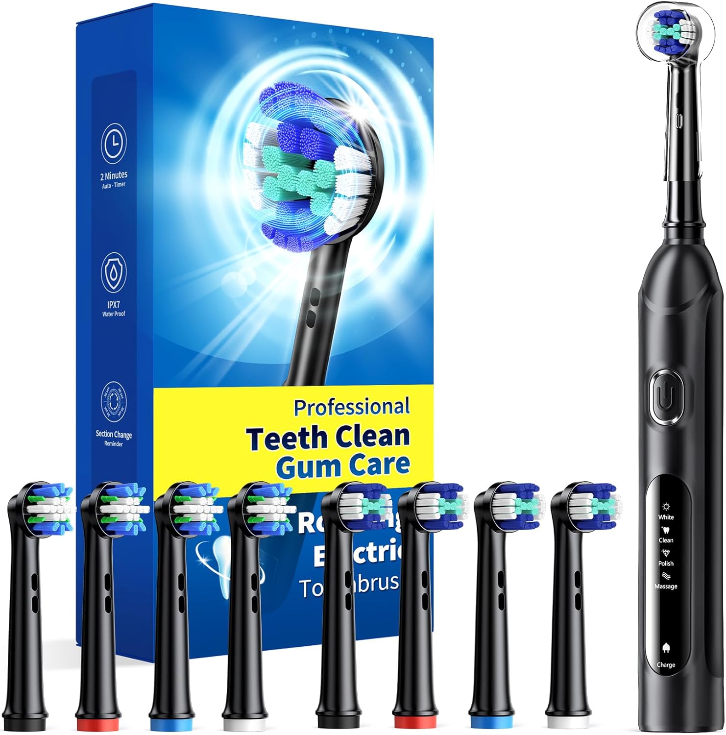 Rotating Electric Toothbrush Case for Adults, 4 Modes Deep Clean Electric Toothbrush with 8 Brush Heads (2 Types), 25-Days Rechargeable Power and 2 Min Smart Timer