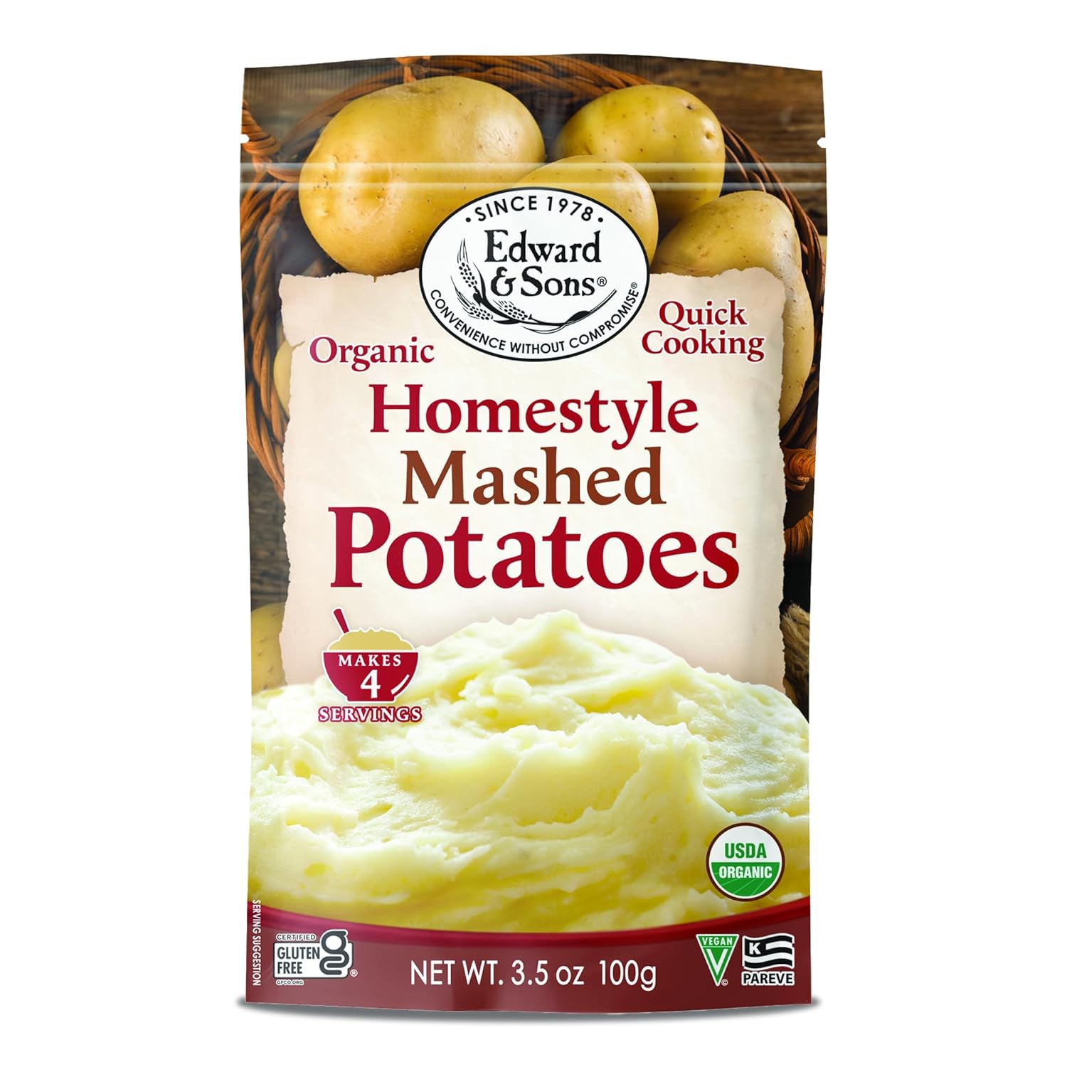 Edward & Sons Organic Homestyle Mashed Potatoes - Instant Mashed Potatoes, Instant Potatoes, Organic Potato Flakes, Vegan - 3.5 Oz (Pack of 6)