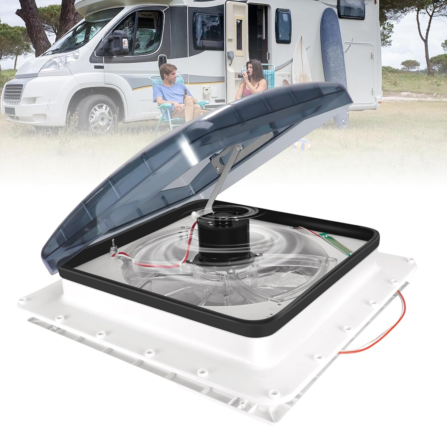 Rouwthio 12V RV Roof Vent Fan w/ 3 Speed Intake & Exhaust Automatic Level Permanent Reversible Motorhome Fan with Electric Crank Lift & Smoke Lid (Includes Screws & Garnish)