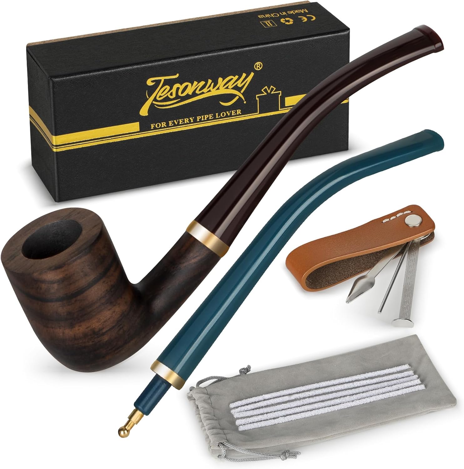 Handmade Pipe, Ebony Wood Pipe Kit with Replaceable Long Pipe Stem, 4-in-1 Pipe Stand Holder, Pipe Gift Box and Accessories