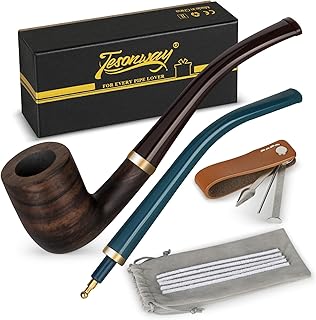Handmade Pipe, Ebony Wood Pipe Kit with Replaceable Long Pipe Stem, 4-in-1 Pipe Stand Holder, Pipe Gift Box and Accessories