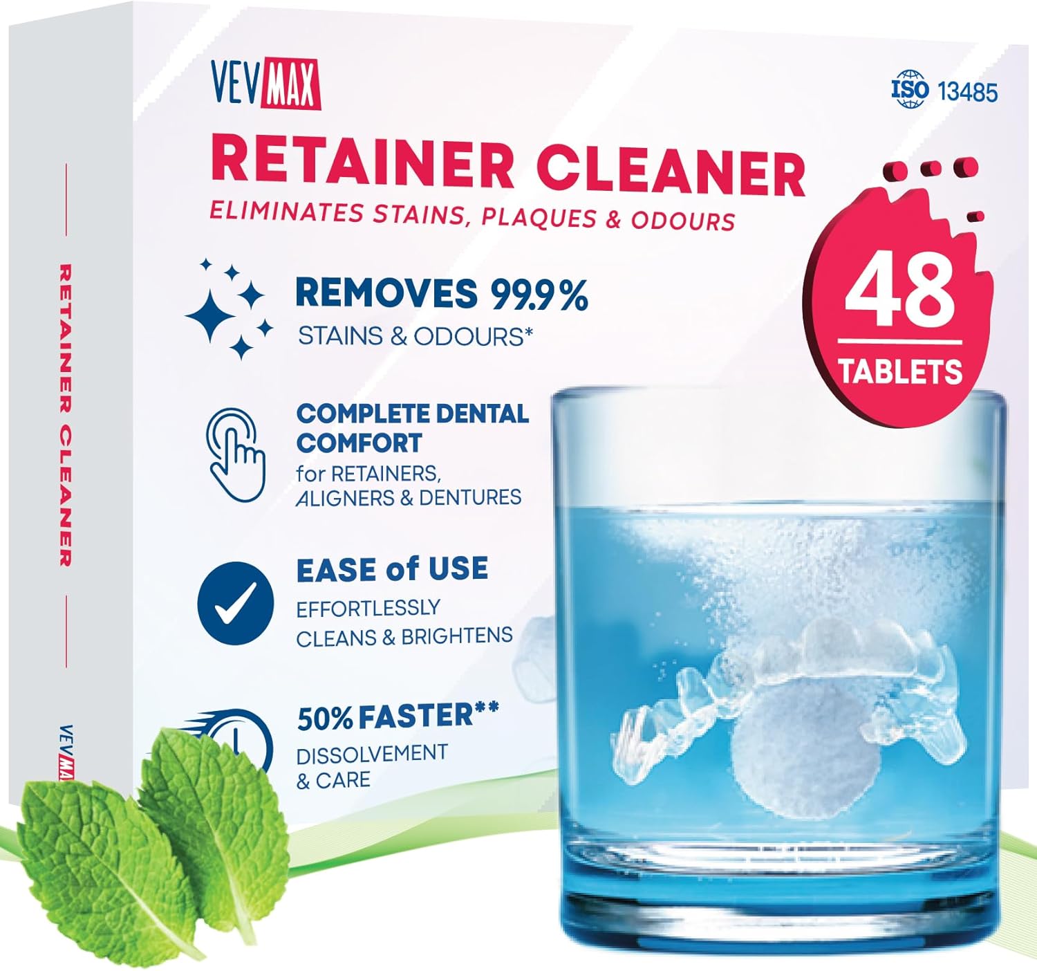 Vevmax Retainer Cleaner Tablets - 48 Tablets (1.5 Months Supply) - Denture Cleaning, Removes Stains & Odours, Freshens Aligners, Mouthguards, Nightguards - Perfect for Ultrasonic Retainer Cleaner