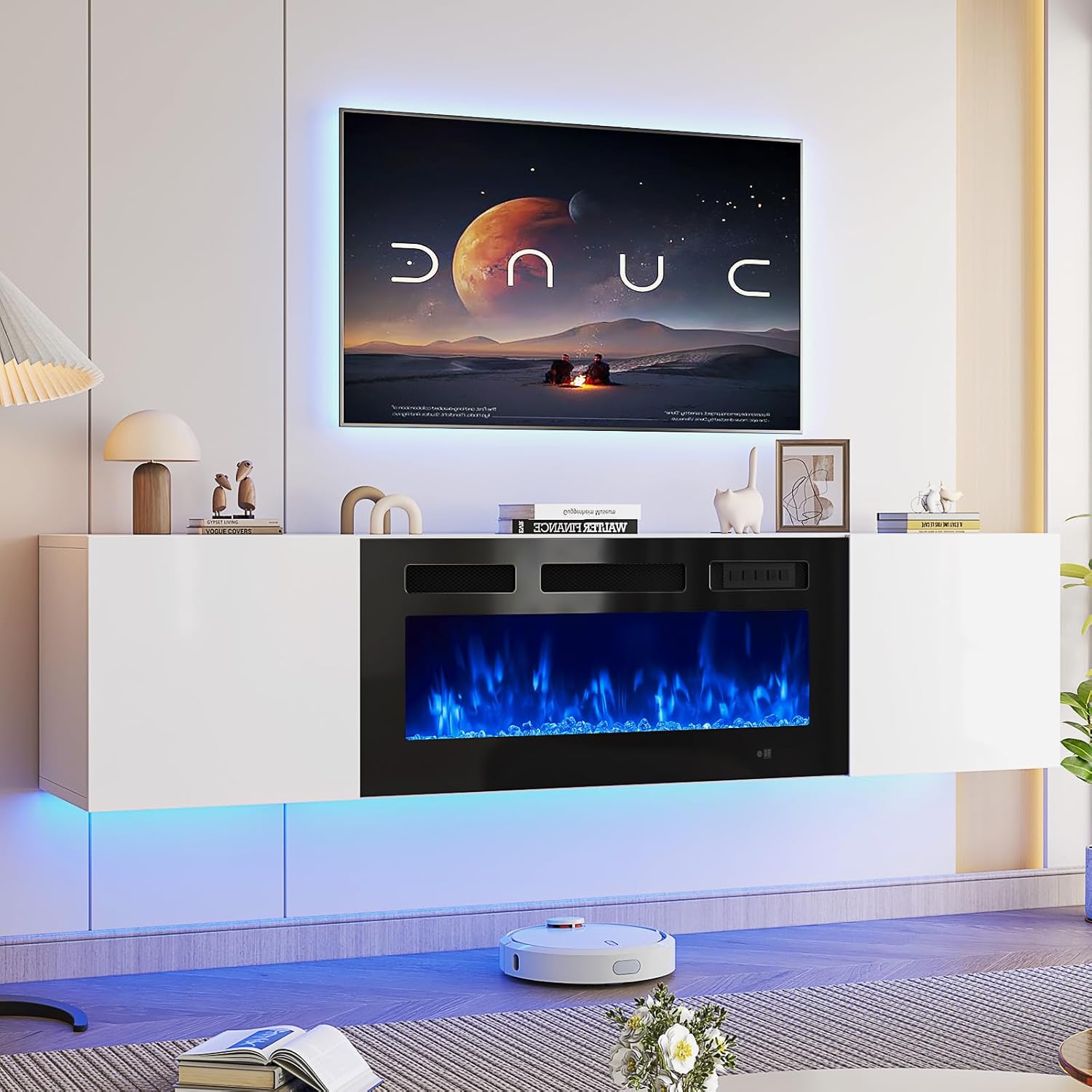 oneinmil 70" Floating TV Stand with 36" Electric Fireplace, Wall Mounted Fireplace Entertainment Center with Storage, TV Console with Fireplace, Floating TV Cabinet, White+Black