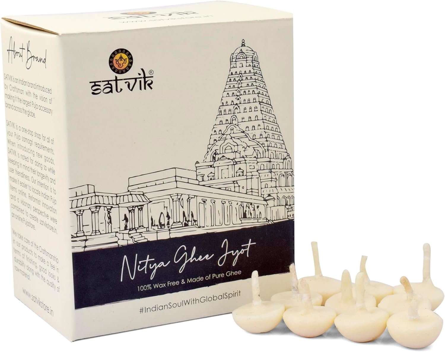 SATVIK Pure Ghee Wicks - 100 Pieces in 1 Box Cotton Wicks | Up to 30mints Burning Time | Ideal for Hindu Pooja - Wax Free, Ghee Batti, Jyot Batti | Pooja Essentials Ghee Wicks