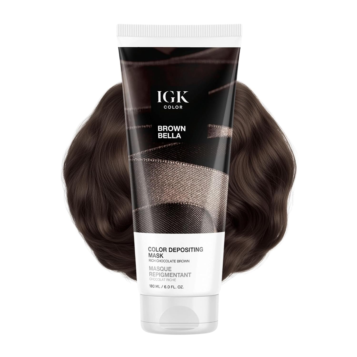 IGK Brown Bella Color Depositing Hair Mask | Chocolate Brown Semi Permanent Hair Color Conditioner + Gloss Toner | Hydrating Formula Adds Shine + Refreshes Color | Vegan + Cruelty Free | 6 oz