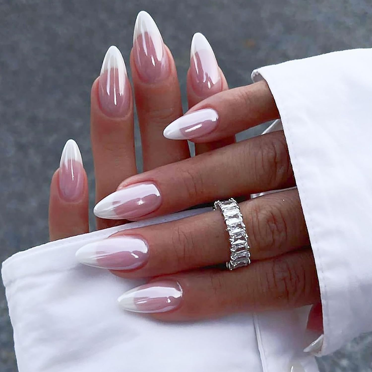 Press on Nails Almond - Glazed Donut False Nails French Tip - 24PCS Medium Stick on nails for Women - Fake Nails with Glue - Full Cover nail Tips Long Last for DIY French Manicure