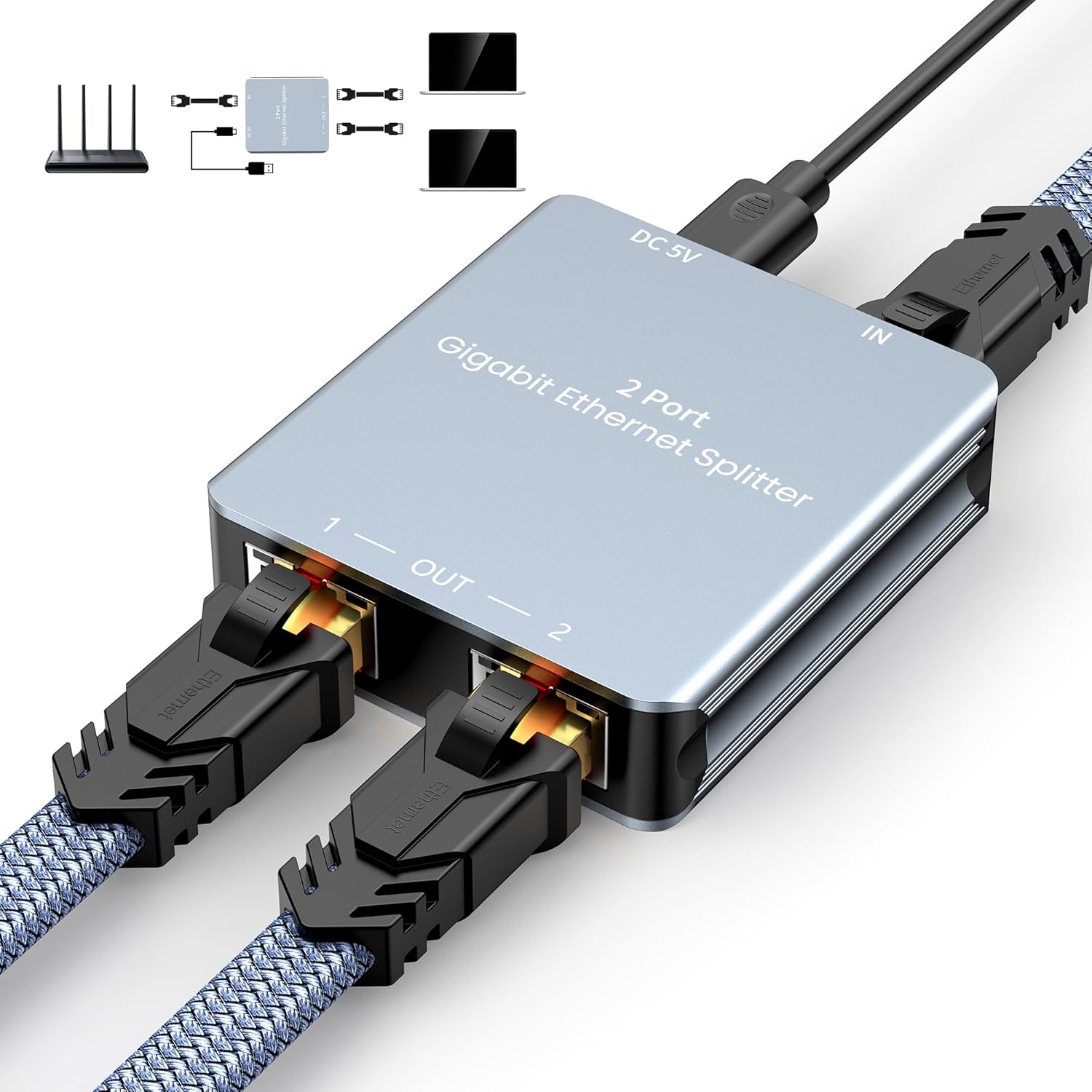 Snowkids Ethernet Splitter 1 to 2 High Speed 1000Mbps, Gigabit LAN Splitter with USB Power Cable, Network RJ45 Internet Adapter for Cat 5/6/7/8 Cable [2 Devices Simultaneous Networking]