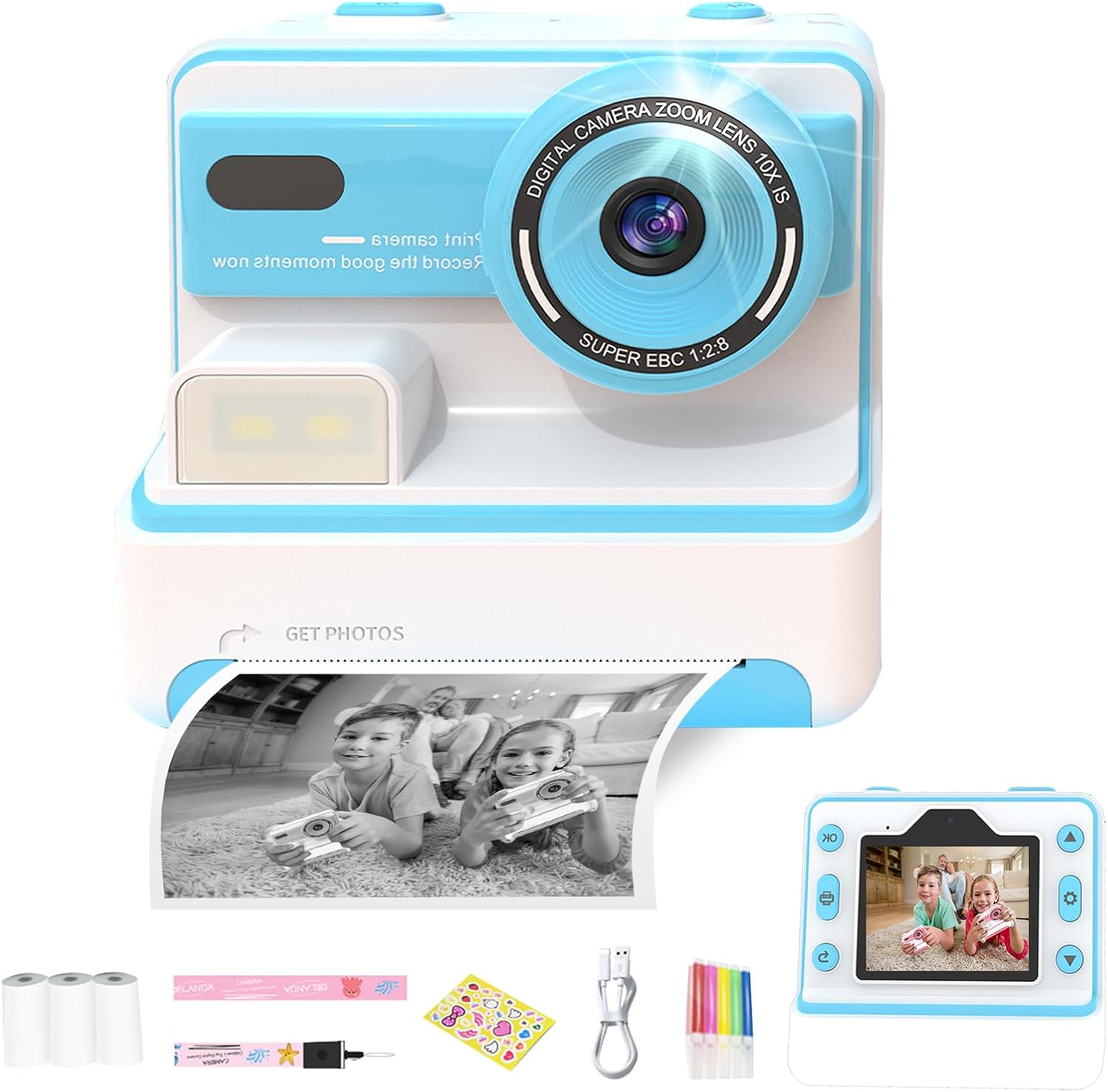 Kids Camera Instant Print, 26MP Front and Rear Camera, 1080P Kids Digital Cameras with 32GB Card and 3 Rolls of Photo Paper, Takes 12000 Photos, for Girls and Boys Ages 3-12 - Blue
