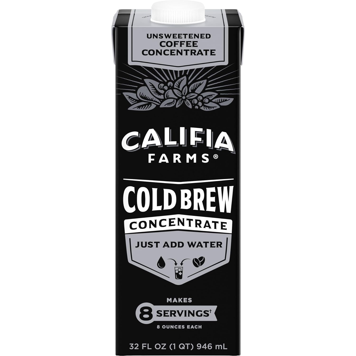 Califia Farms - Unsweetened Cold Brew Coffee Concentrate, 32 Oz, 100% Arabica, Shelf Stable, Plant Based, Vegan, Gluten Free, Non GMO, Sugar Free, Iced Coffee