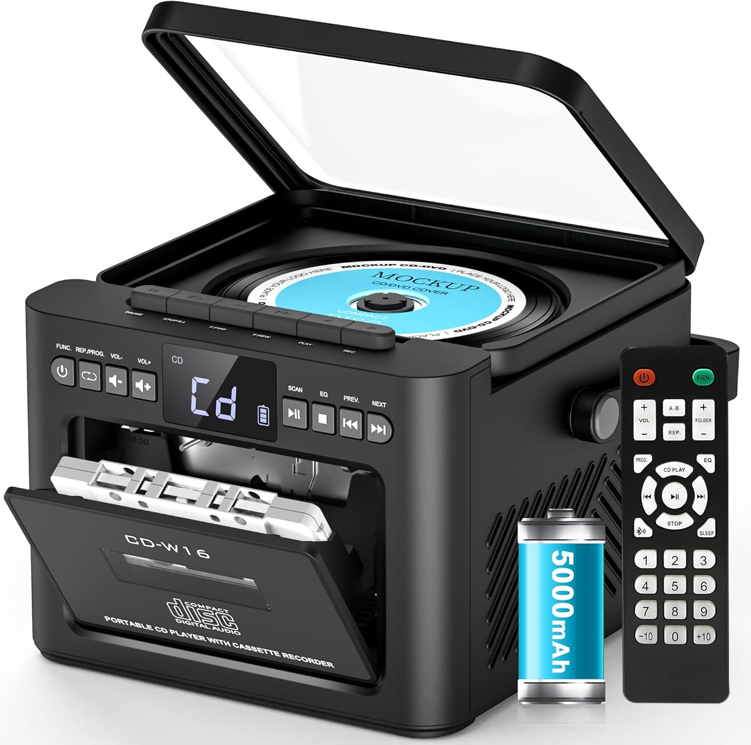 Greadio Boombox CD and Cassette Player Combo, 5000mAh Rechargable CD Player Boombox with Bluetooth Receive/Transmit/FM Radio/USB/TF/AUX/Remote Control, Boom Box Cassette Player for Home Outdoor