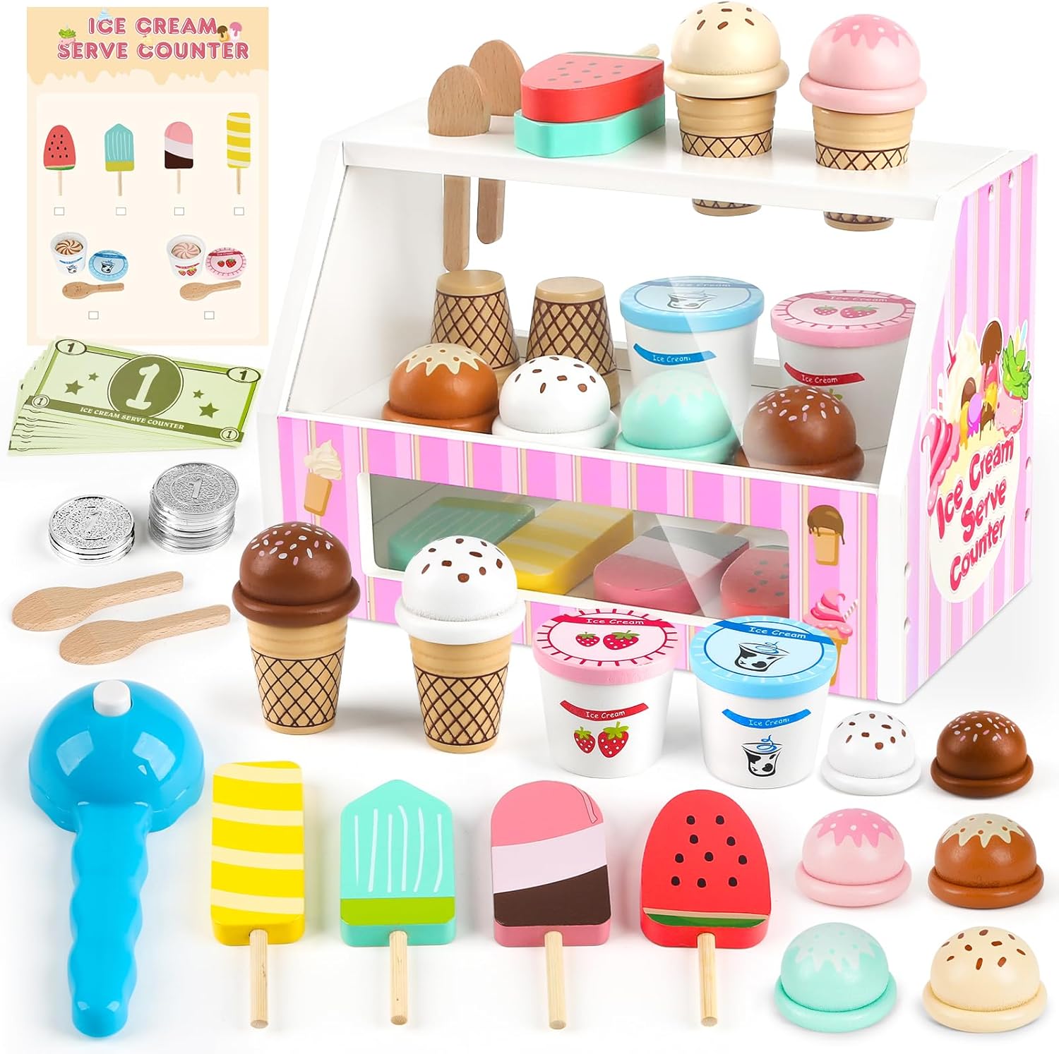 Dreamon Wooden Ice Cream Set for Kids: 38 PCS Wooden Role Play Ice Cream Shop Play Food Kitchen Toys Imaginative Toys Gift for 3 Year Old Girls & Boys