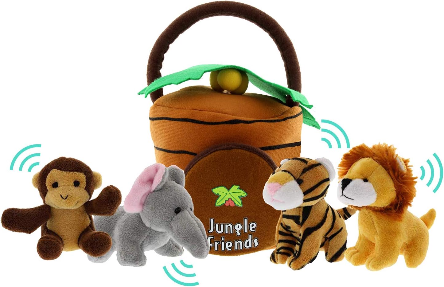 Jungle Animals Talking Plush Baby Toy – 5 Piece Small Stuffed Animals Set Including Jungle House Carrier and Stuffed Monkey, Lion, Tiger & Elephant – These Mini Toys are Ideal for Boys and Girls