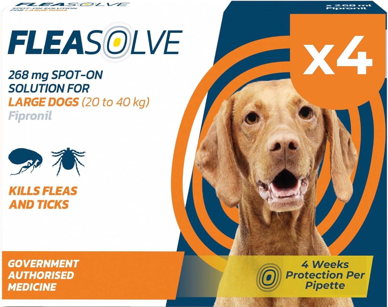 Dog Flea Treatment Large Dog x 4 - Spot on Flea Treatment for Dogs Large 20-40 kg - FleaSolve 4 Pipettes, 4 Doses - Effective Spot-On Treatment