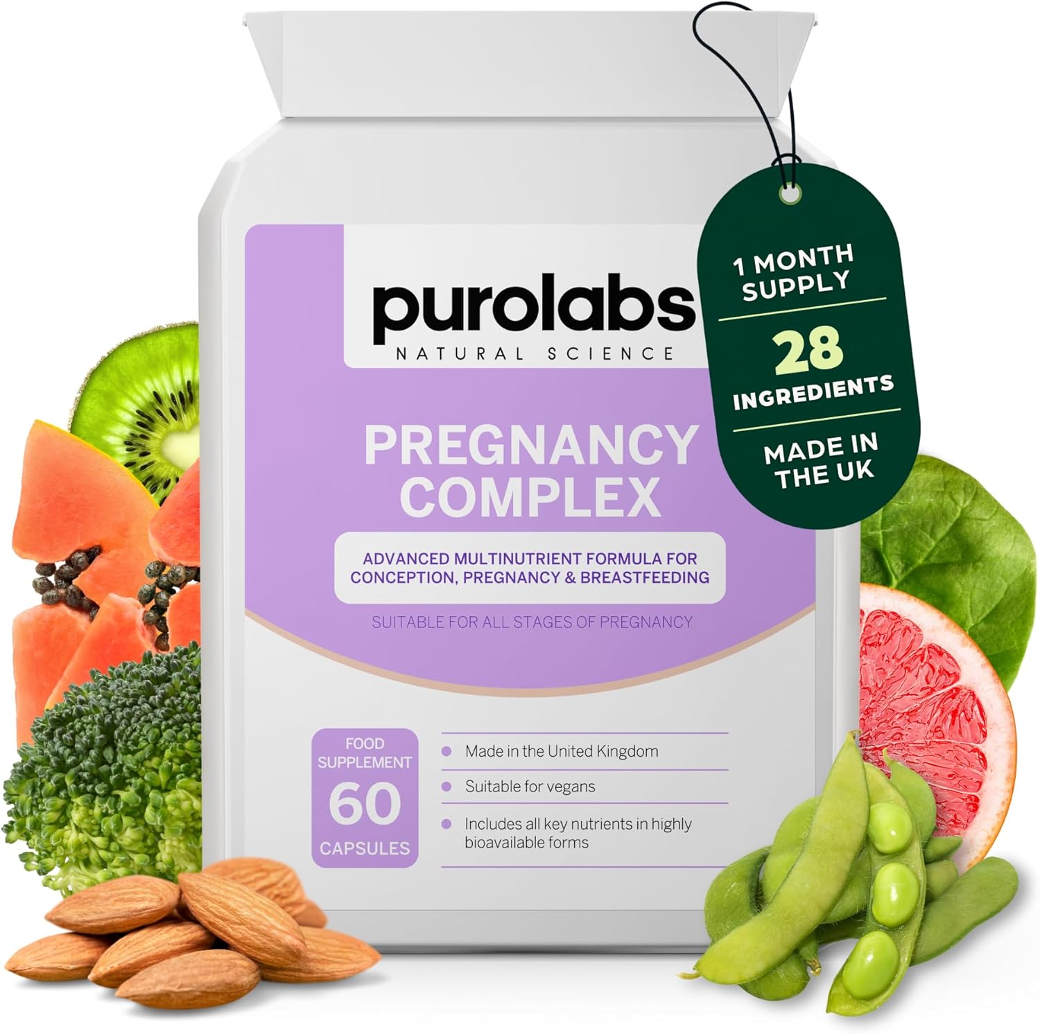 Purolabs Pregnancy Complex | Pregnancy Vitamins for Women with Folic Acid & Vitamin D | Prenatal Multivitamin for Pregnancy, Conception and Breastfeeding | 60 Vegan Capsules | Made in The UK