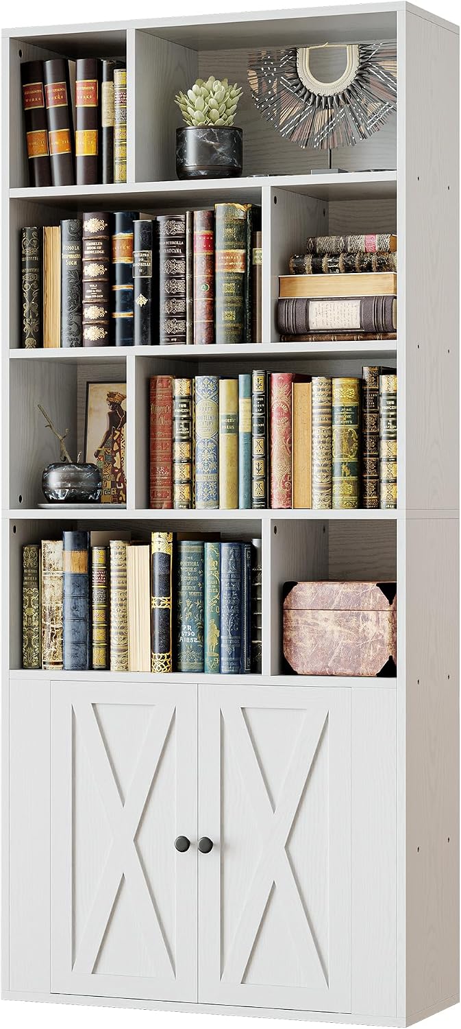 IRONCK Book Shelf, Tall Bookshelf with Storage, Bookshelves and Bookcases with Doors, 4-Tier Bookcase with 8 Open Cubes for Living Room, Office, Study, White