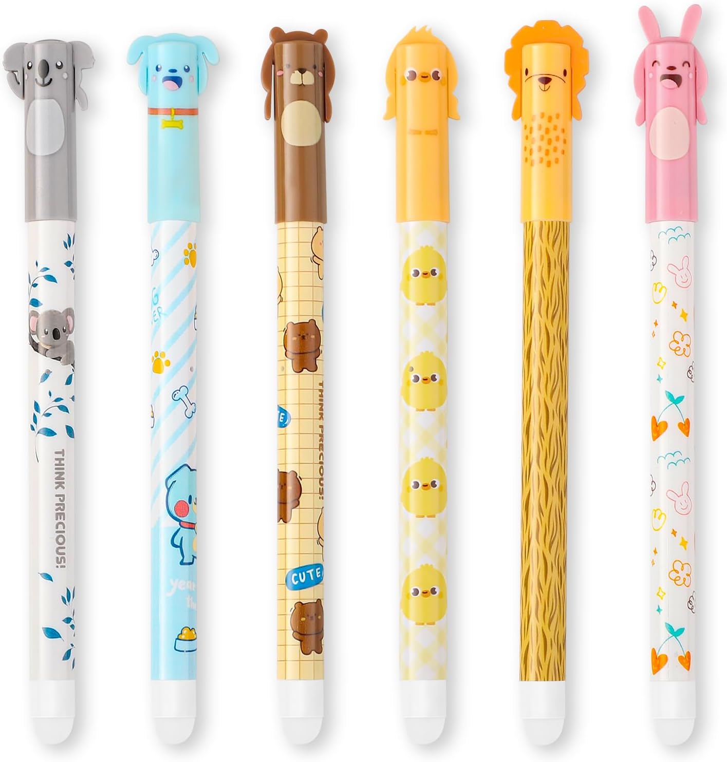 6 Pcs Erasable Pens, Rub Out 0.5 mm Black Blue Eraser Pen Gel Pens for Writing Drawing Note Taking Kids Adults Office School Supplies, Animal Prints