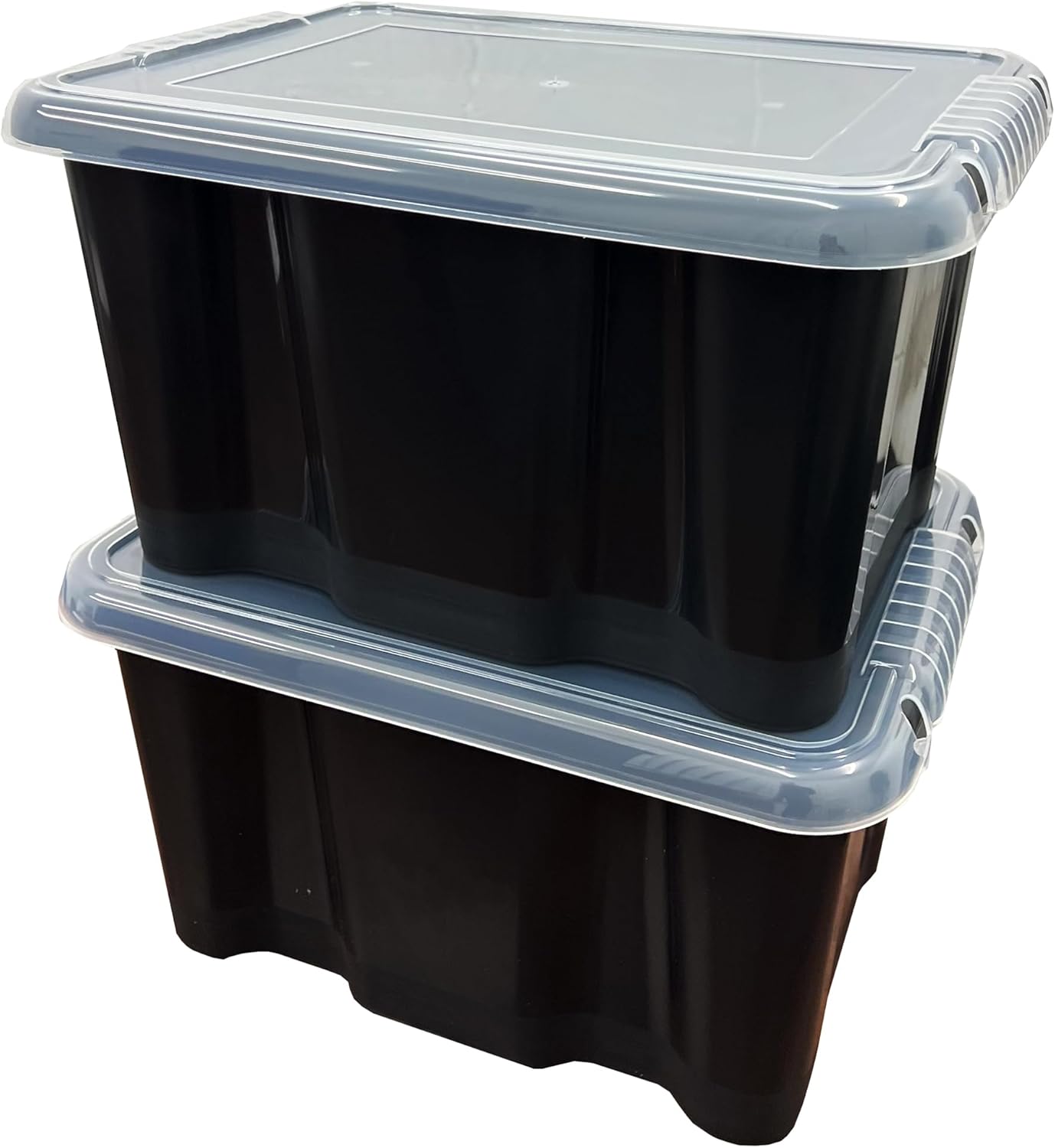 STORM TRADING GROUP 24 Litre Large Black Plastic Storage Box With See Through Lids Stackable Organizing Box Container For Bedroom, Garage & Office (2)
