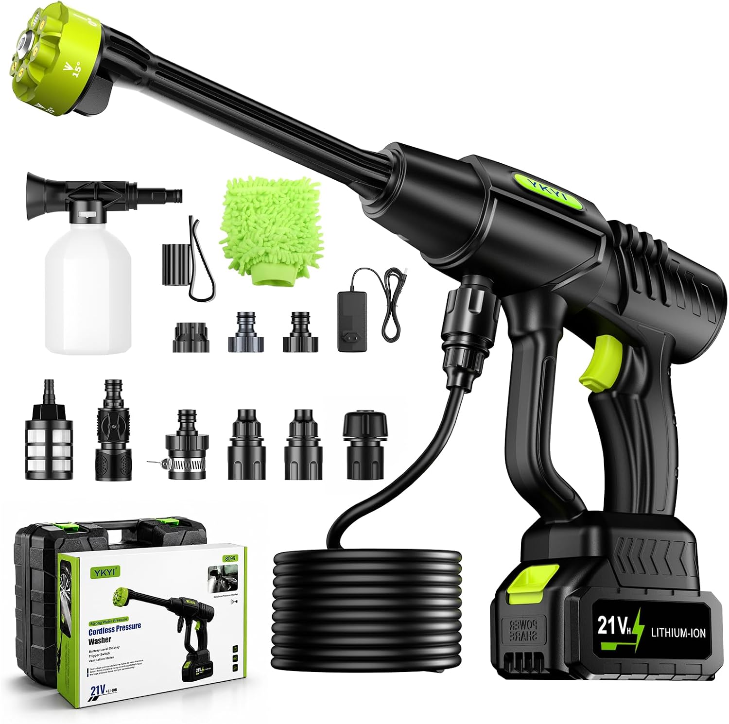 YKYI Cordless Pressure Washer, 1200 PSI, 21V 4.0Ah Battery, 30 Levels