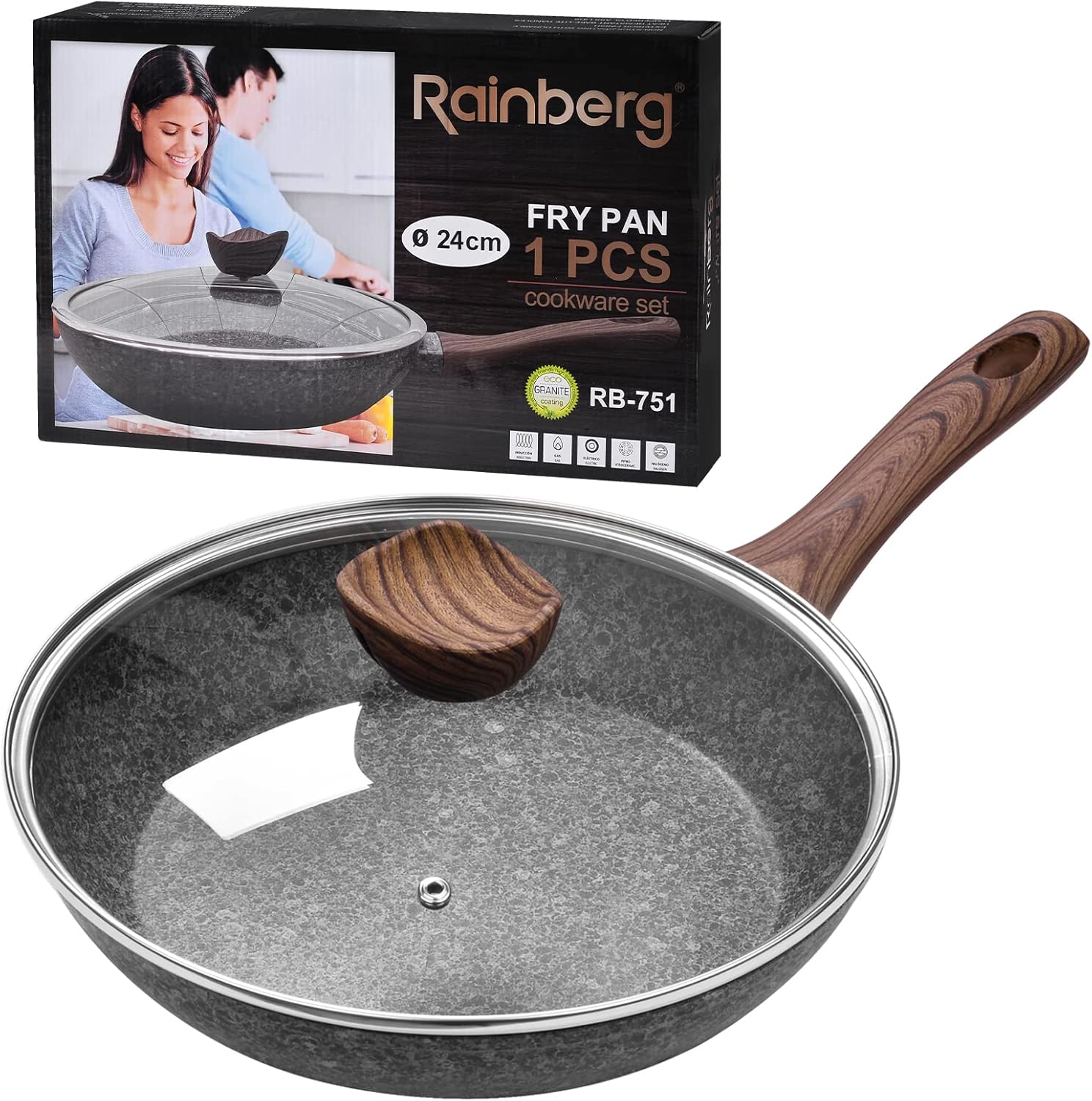 Rainberg 24CM Frying Pan with Lid, Granite Nonstick Frying Pans with Lid, Stone Frying Pan, Induction Compatible (24CM)