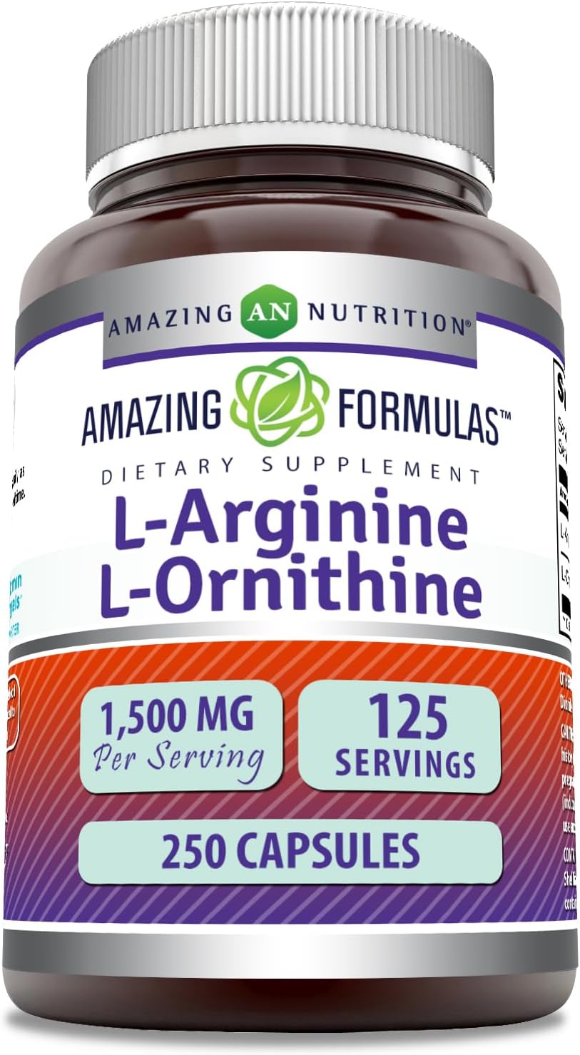 Amazing Formulas L-Arginine/L-Ornithine 1500 Mg Per Serving, Capsules | Non-GMO | Gluten Free | Amino Acid Supplement (250 Count)