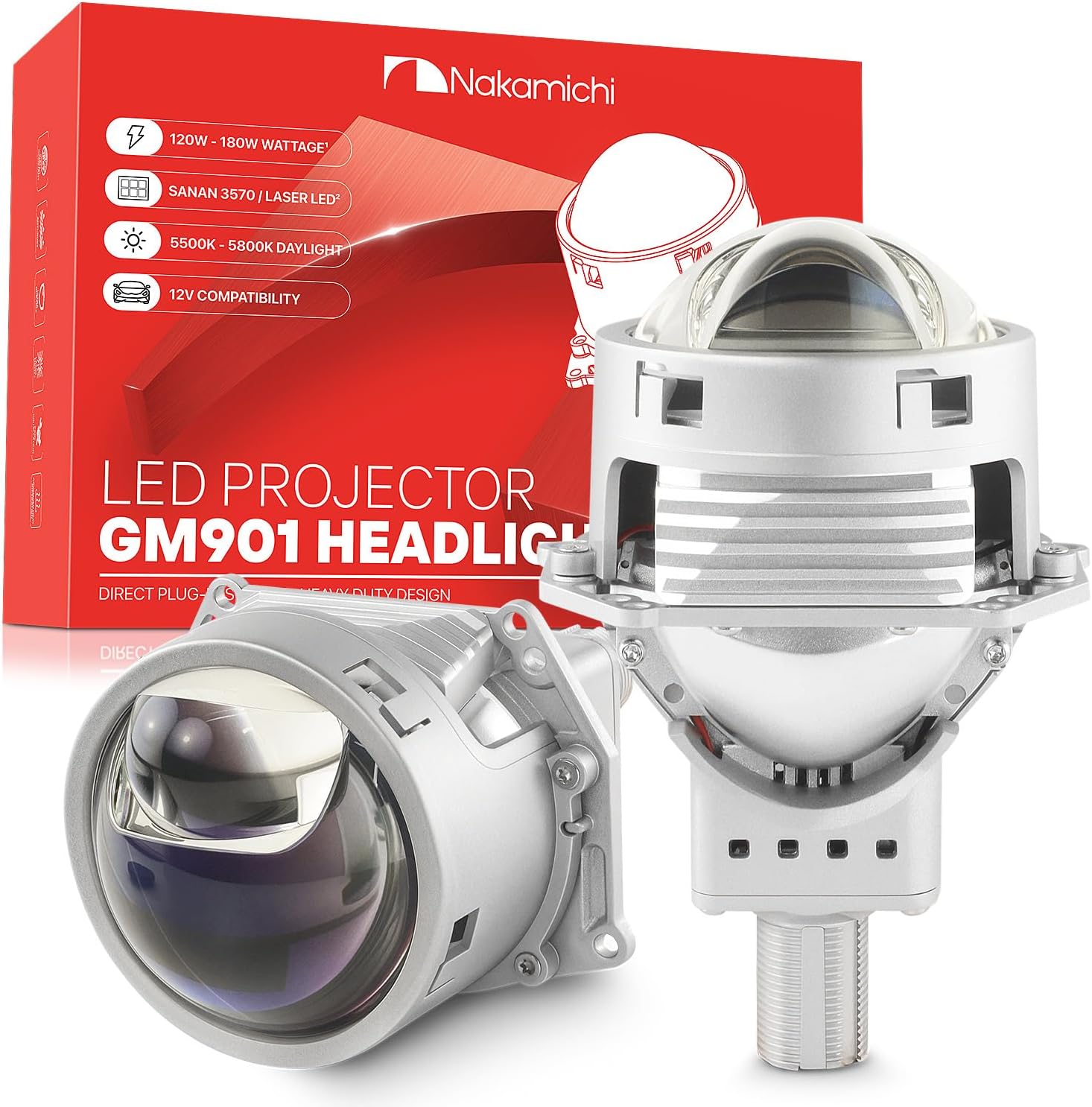 Nakamichi GM901 Series H4 H7 9005 9006 Bi-LED Projector Headlight Lens, 3.0 inch, 20,000 Lumens 100W Per Set, High & Low Beam Retrofit, Pack of 2 5800K