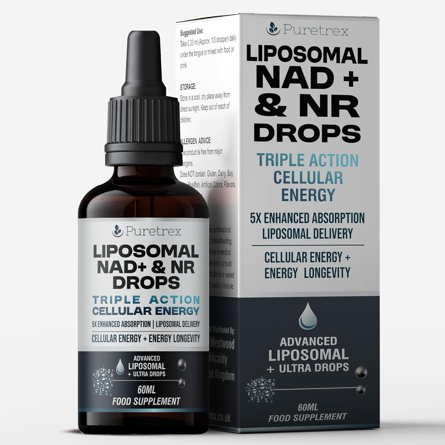 Puretrex Liposomal NAD+ & NR Nicotinamide Riboside Drops, 60ml, Triple Action Cellular Energy Supplement, 5X Enhanced Absorption NMN