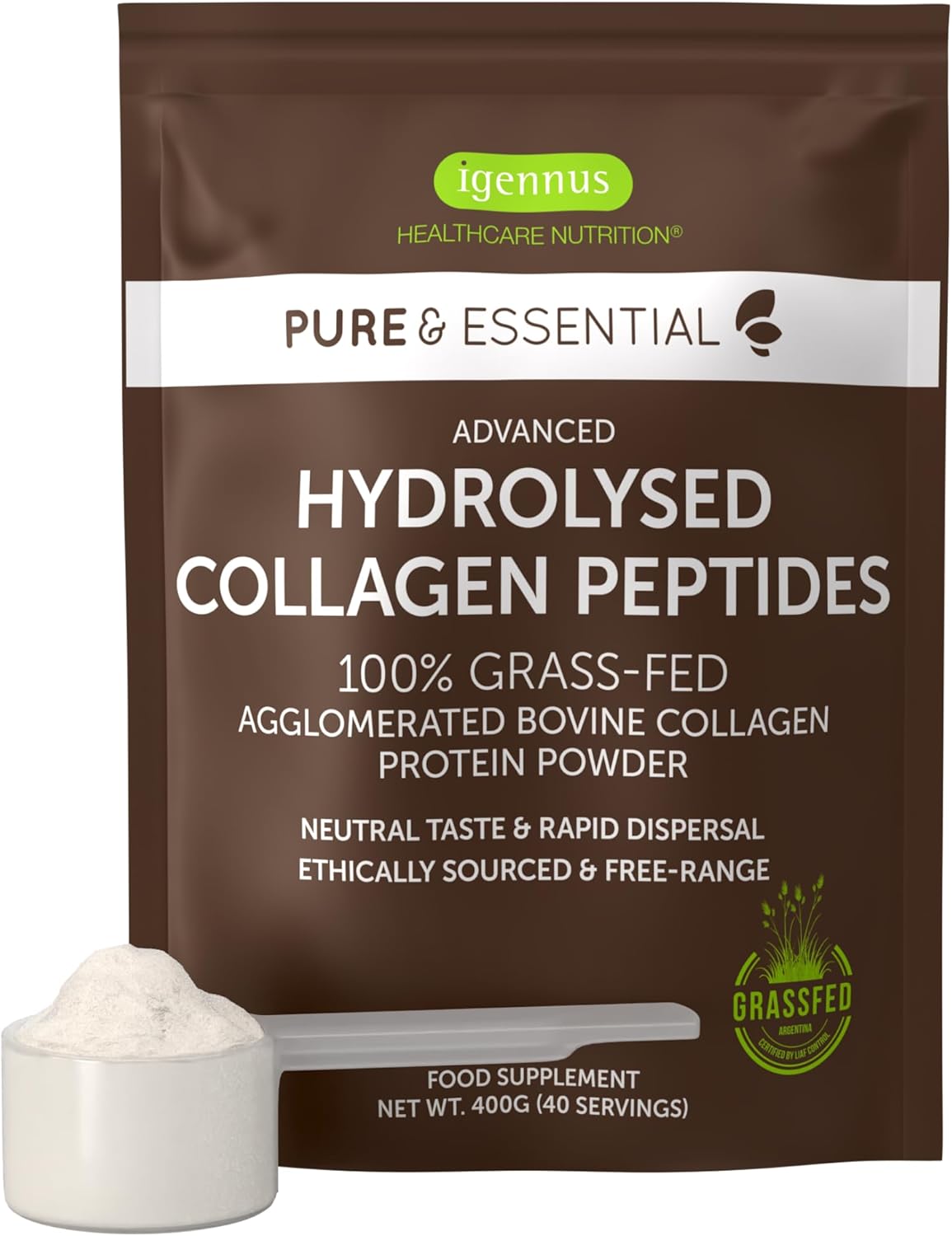 Igennus Highest Grade Hydrolysed Collagen Peptides, 100% Grass Fed Bovine Collagen Protein Powder, 400g, Highly Absorbable & Premium Quality Protein Powder for Women & Men, Easy-Mix, 40 Servings