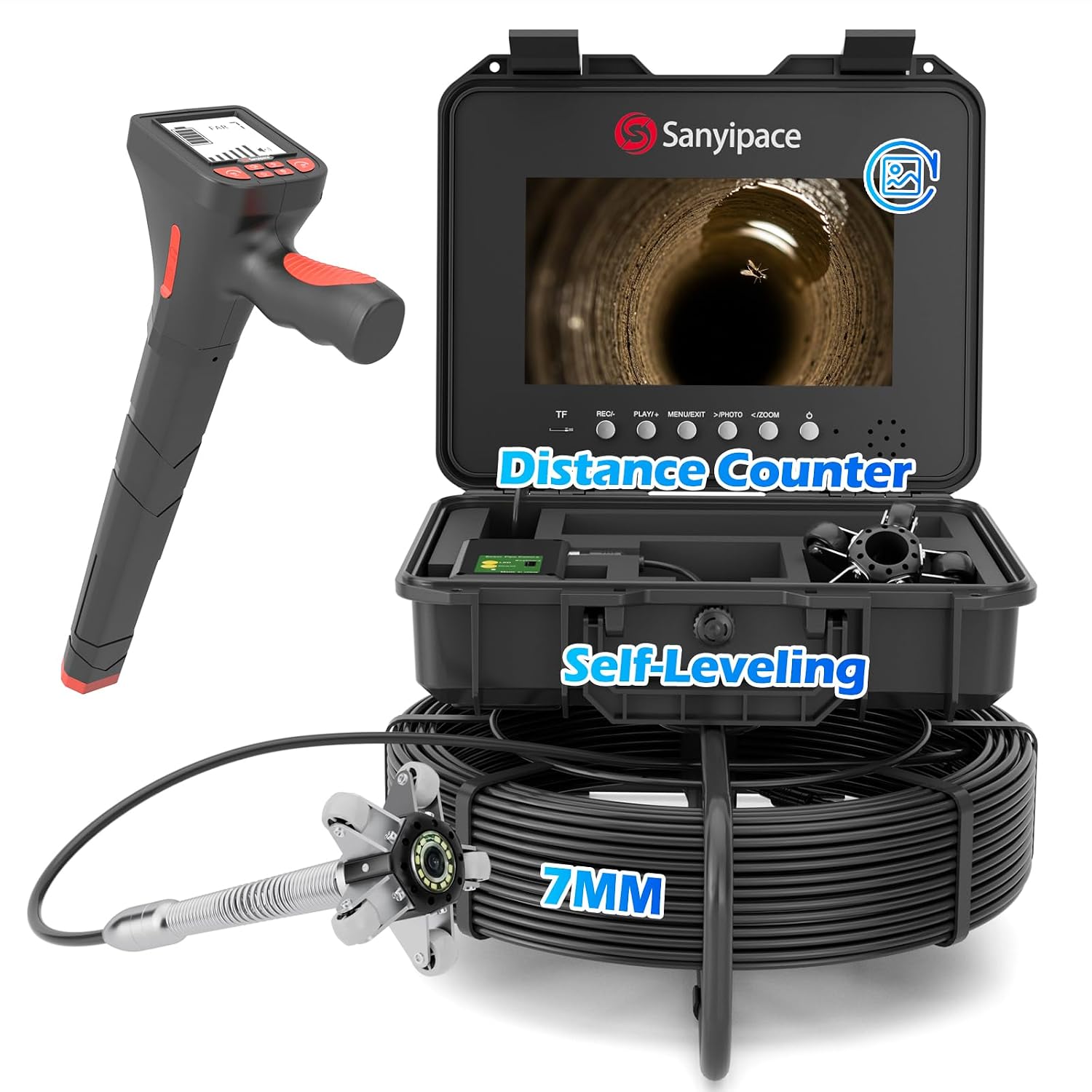 Sanyipace Sewer Camera with Pipe Locator, 7mm/0.28inch Cable, 512Hz, 10.1" IPS Screen, 32GB Card, 165FT/50M Borescope Inspection Camera, DVR with Speaker, for Drain Pipe Plumbing Inspection