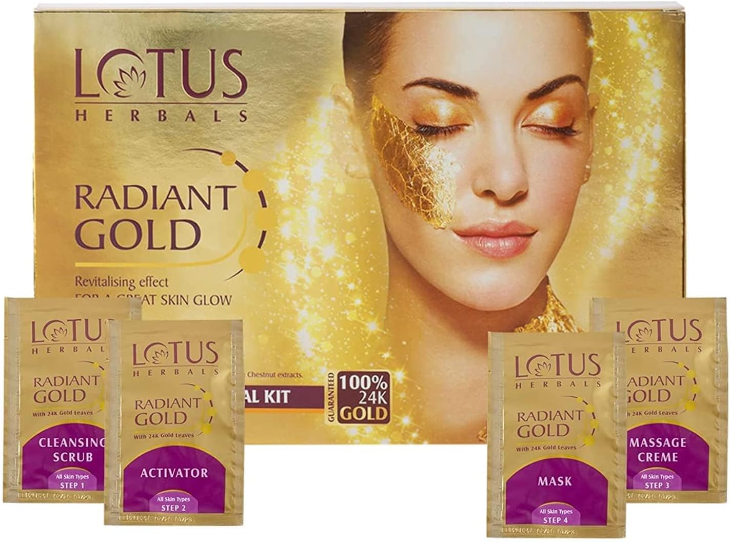 Lotus Herbals Radiant Gold Facial Kit For Instant Glow With 24K Pure Gold & Papaya,4 Easy Steps (Single Use)
