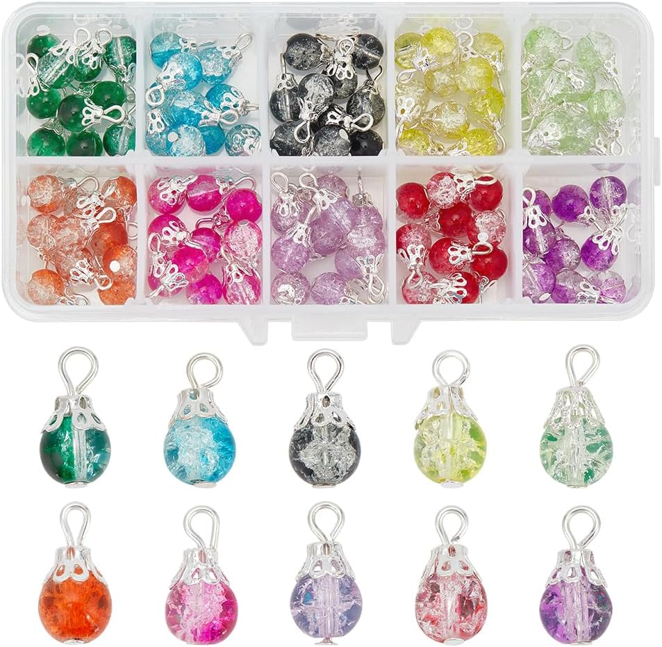 PH PandaHall 100pcs Crystal Dangle Charms, Crackle Glass Drop Beads Charms 10 Color Dangle Bead with Silver Bead Cap Drops Beads Charms Pendants for Jewelry Making Necklace Earring