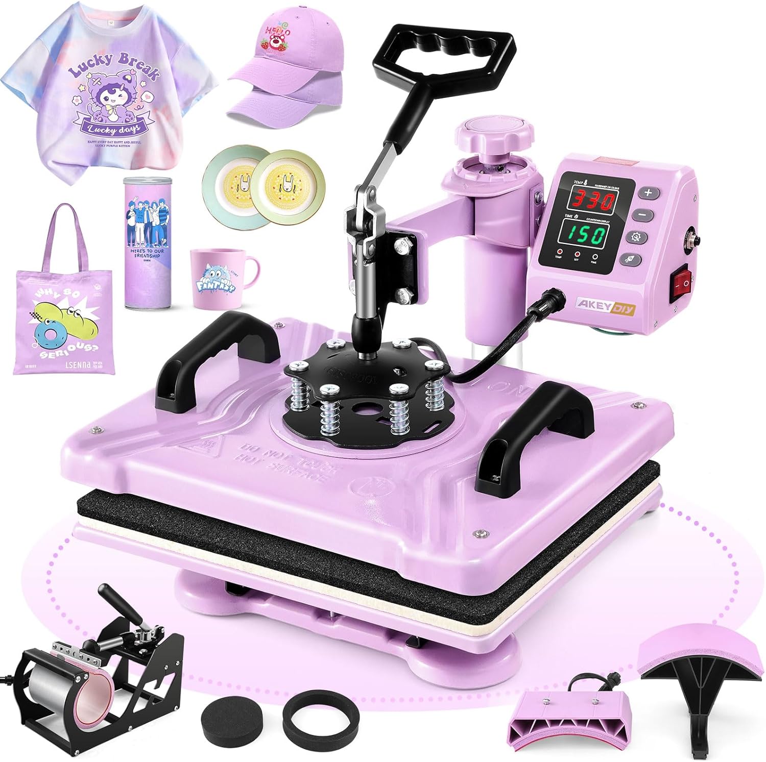 Heat Press Machine for Tshirts, 5 in 1 Heat Transfer Machine, 12" X 15" Heat Printing Press for Sublimation Combo with 360 Degree Rotation Swing Away for T-Shirt Hat Cap Mug Plate, Pink Purple