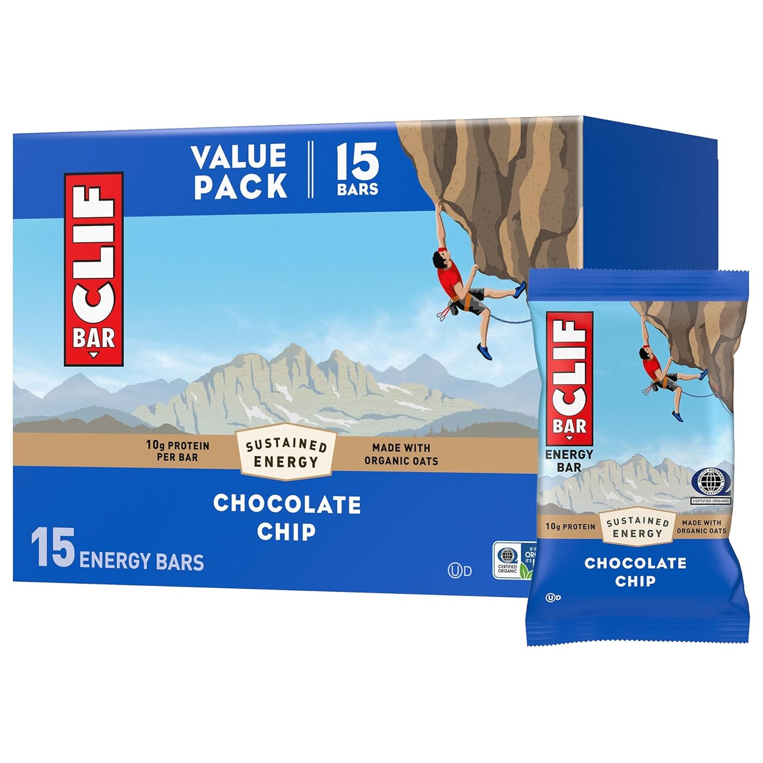 CLIF BAR - Chocolate Chip - Made with Organic Oats - Energy Bars - Non-GMO - Plant Based Protein Bars (15 Pack)