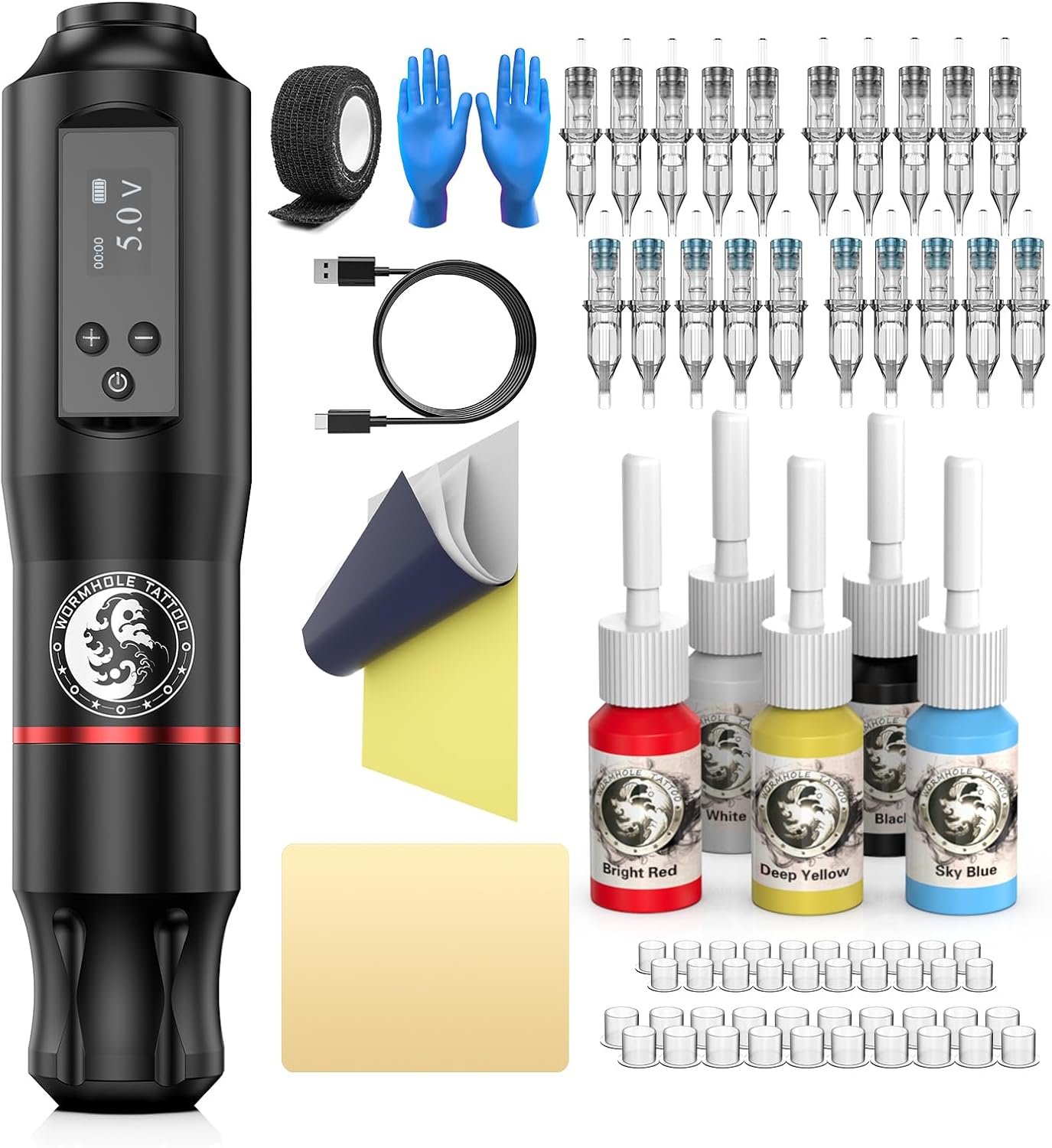 Tattoo Gun Kit, Wormhole Tattoo Kit Wireless Tattoo Machine Kit with 1,600 mAh Capacity Wireless Power Supply Digital LED Display Tattoo Pen Kit WTK279