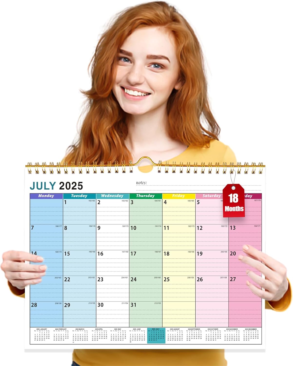 2025 Calendar UK, 18 Month Family Calendar from July 2025 - December 2026, Family Wall Planner with Large Blocks, Large Landscape Yearly Planner, Hanging Holes Slim Calendars