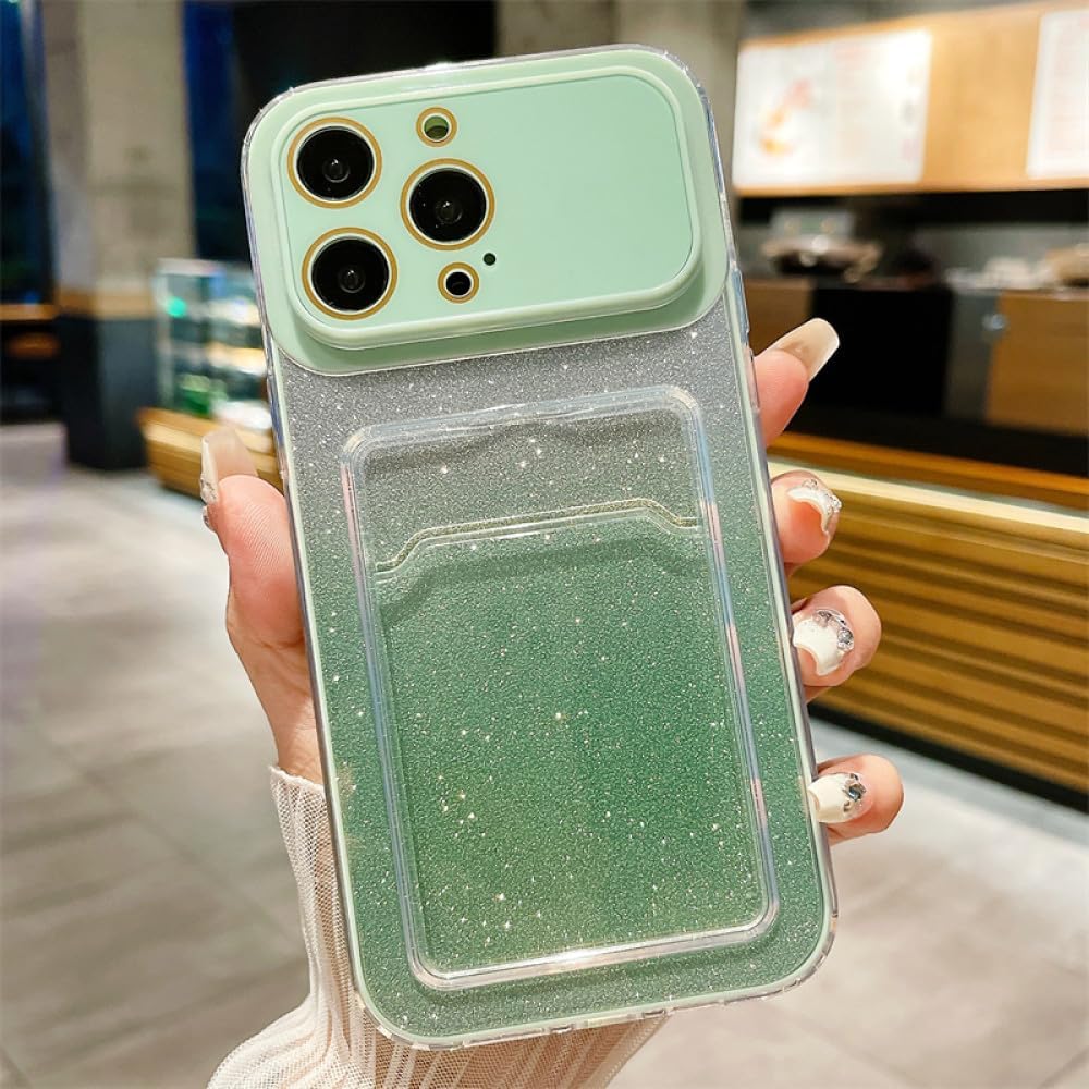 HUUMAGIC Luxury Gradient Glitter Card Pocket Case For iPhone 15 14 13 12 11 Pro Plus Max Promax Big Window Soft Bumper Clear Cover,GR,For iPhone 12 ProMax