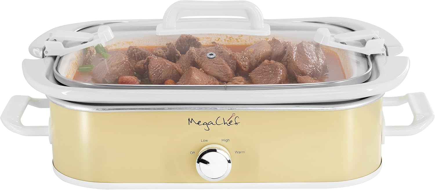 MegaChef 3.5 Quart Rectangle Casserole Slow Cooker with 3 Temperature Settings, Carry Handles and Locking Tempered Glass Lid (Cream)