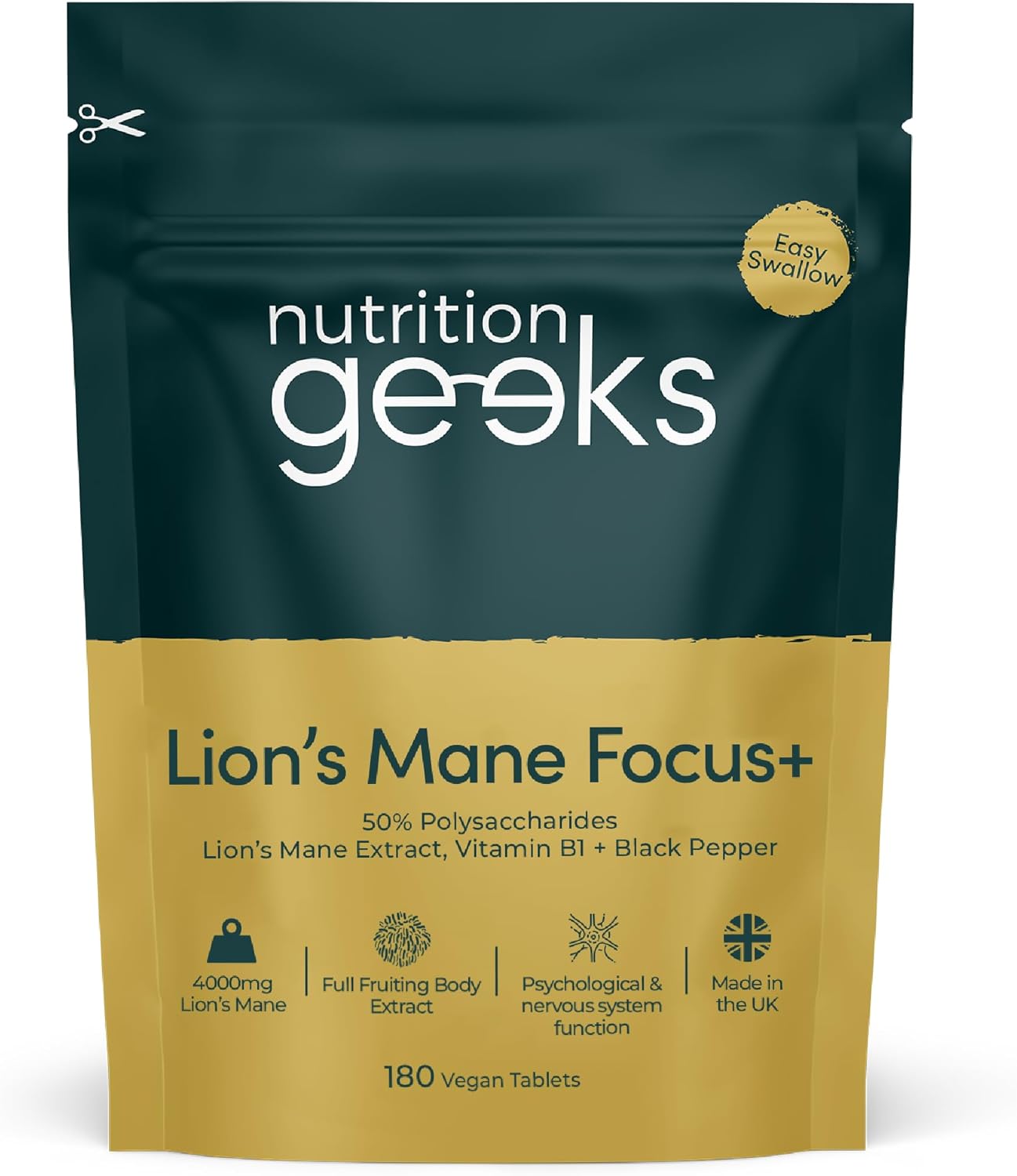 Lions Mane Supplement 4000mg with Vitamin B1 & Black Pepper, 180 Vegan Tablets - Lion's Mane Mushroom 15:1 Extract (Not Lions Mane Powder or Capsules), UK Made for Mental Performance & Nervous System