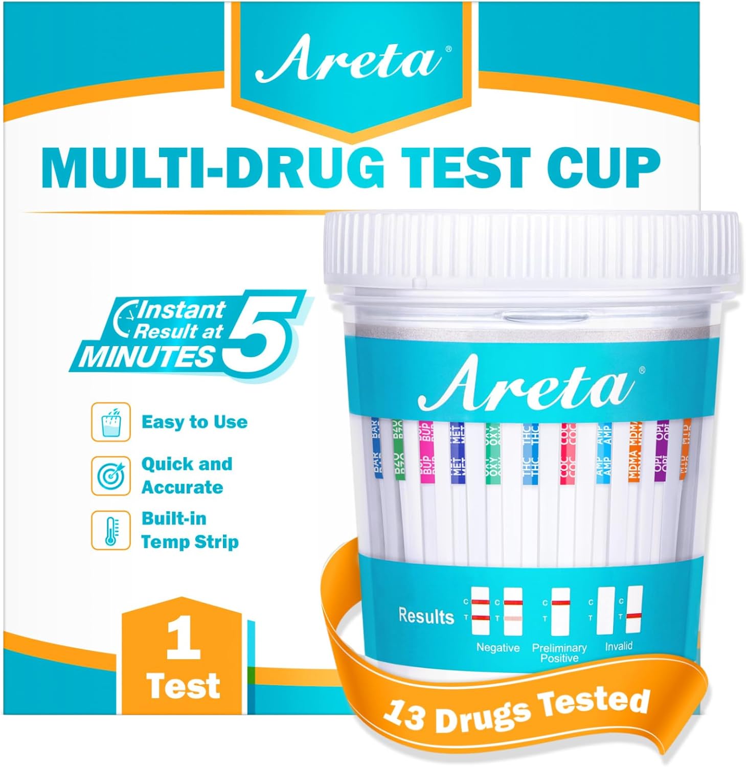 Areta Multi-Drug Test Cup: 13 Panel Urine Drug Test Kit for THC, AMP, BAR, BUP, BZO, COC, MDMA, MET, MTD, OPI, OXY, PCP, TCA, Instant Home Drug Screen Test-#ACDOA2-1134 (1 Pack)