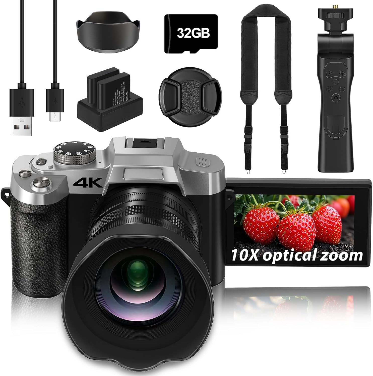 Camera for Photography, 10X Optical Zoom 4K Digital Camera, 75MP Vlogging Cameras for YouTube, WiFi Autofocus 3" 180° Flip Screen with 32GB Card, Tripod, 2 Batteries & Battery Charger, Black