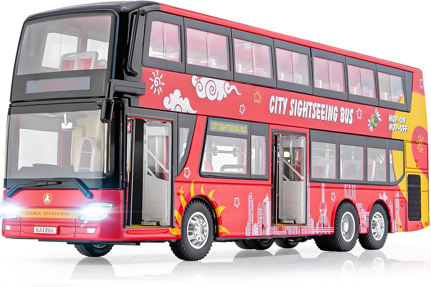 1/42 Diecast Bus Toys Cars, Metal Double Decker City Bus Vehicles with Light Up and Open-able Doors, Realistic Alloy Car Model for Kids Boys Girls, 11.5" (RED)