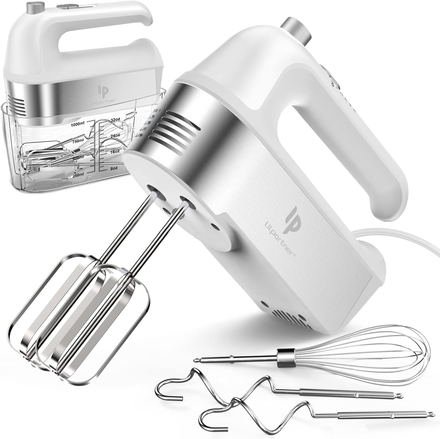 Hand Mixer Electric, 450W Kitchen Mixers with Scale Cup Storage Case, Turbo Boost/Self-Control Speed + 5 Speed + Eject Button + 5 Stainless Steel Accessories, For Easy Whipping Dough,Cream