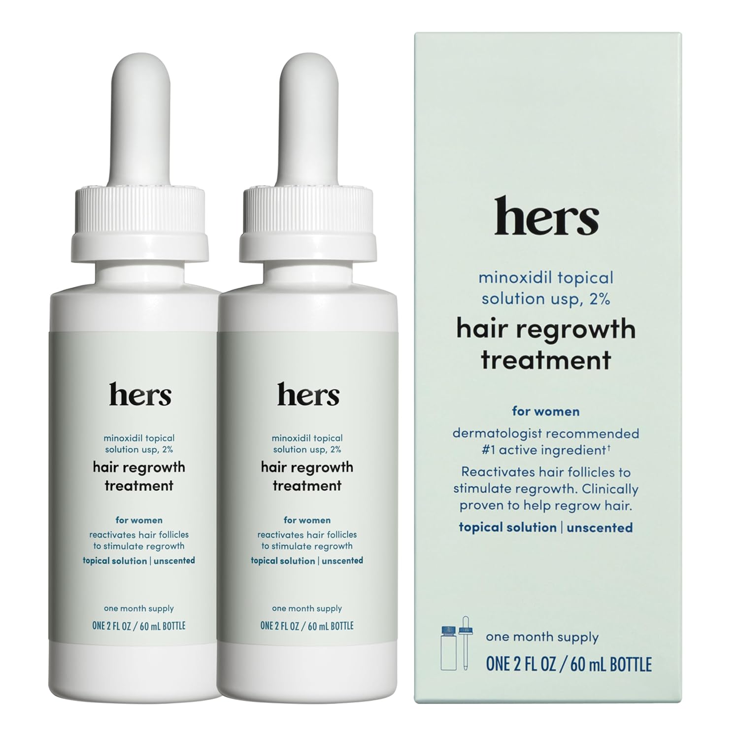 hers Topical Minoxidil Solution, 2% - Hair Growth Treatment for Women - Clinically Proven to Reduce Hair Loss in 3-6 Months - Unscented, 2 Pack